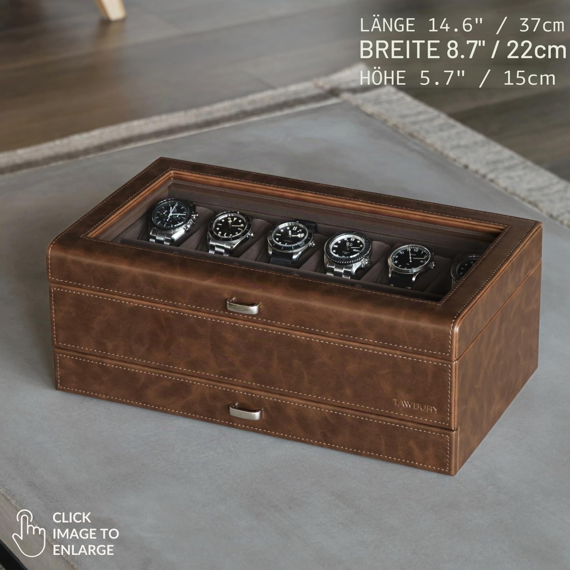 TAWBURY Uhrenbox 12 uhren – Uhren Box für Herren mit 12 Fächern | Uhrenkasten für Herren (Braun)