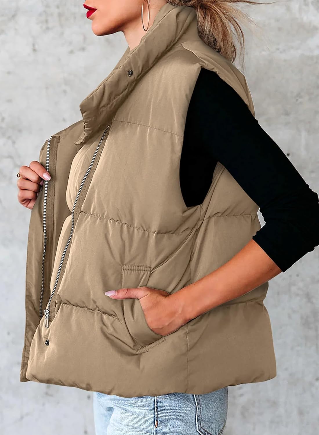 Dokotoo Women's Casual Winter Puffer Vest Sleeveless Cropped Outerwear Warm Lightweight Stand Collar Down Coats with Pockets - Image 3