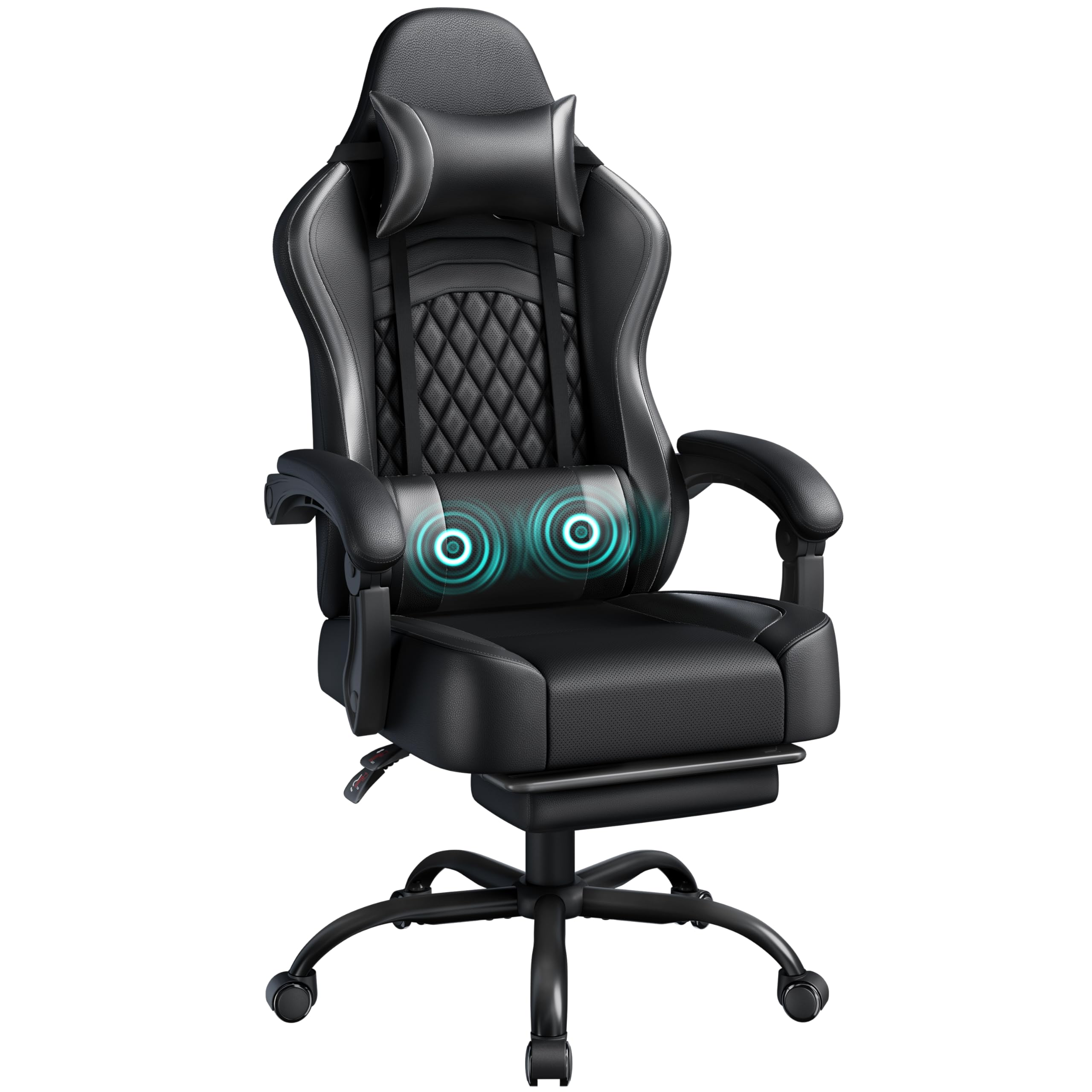 Yaheetech Silla Gaming con Respaldo Alto Almohada Lumbar de Masaje Silla de Escritorio Ergonómica Ajustable en Altura con Reposacabezas Extraíble Reposapiés Función de Inclinación Negro