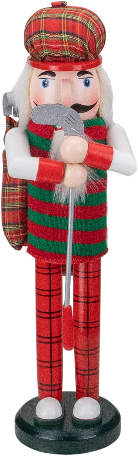 Northlight 14" Red and Green Plaid Wooden Golfer Christmas Nutcracker