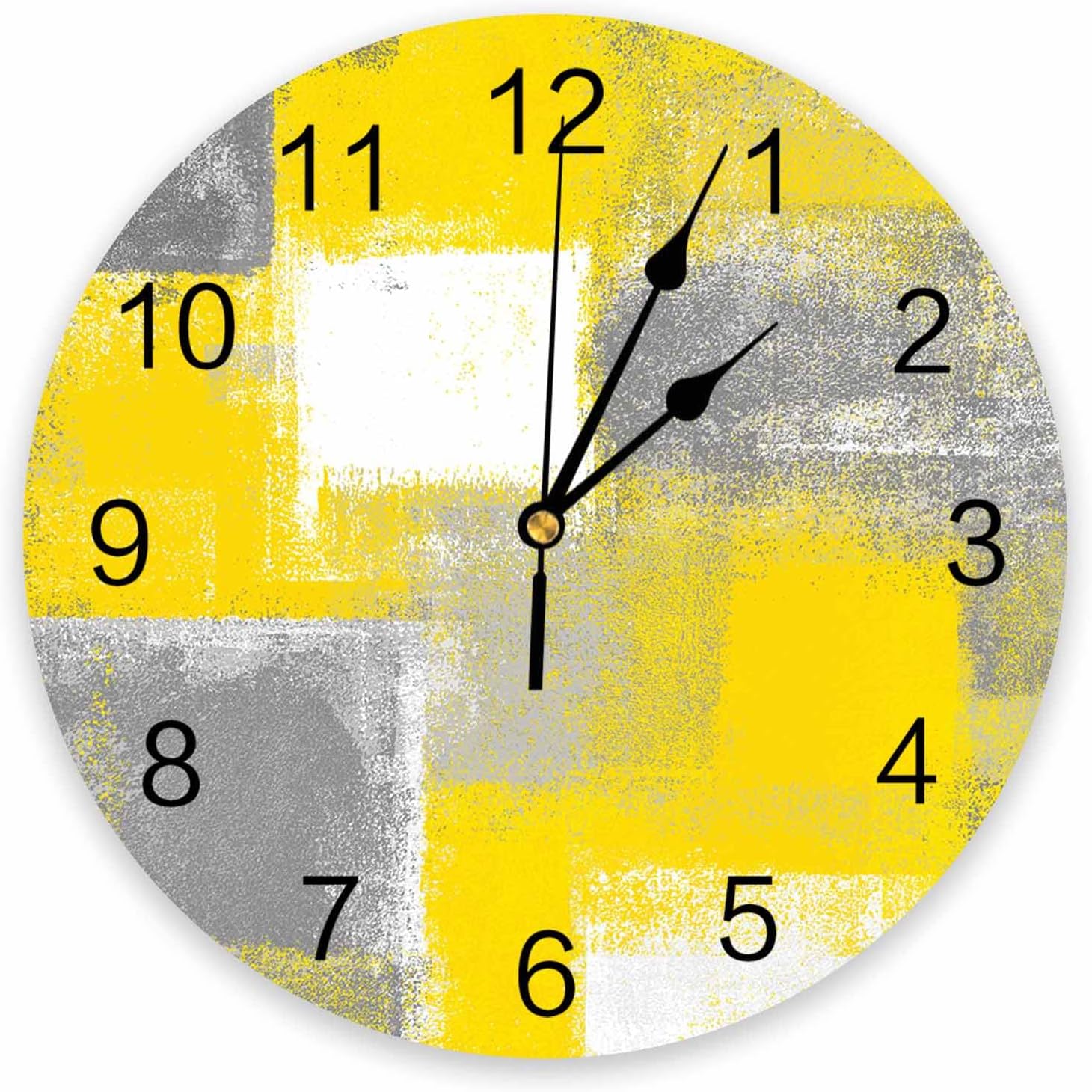 Yellow Gray Abstract Silent PVC Wall Clock 12 Inch Round Yellow Grey Oil Painting Hanging Clock for Kitchen Non Ticking Battery Operated Living Room Mute Clock