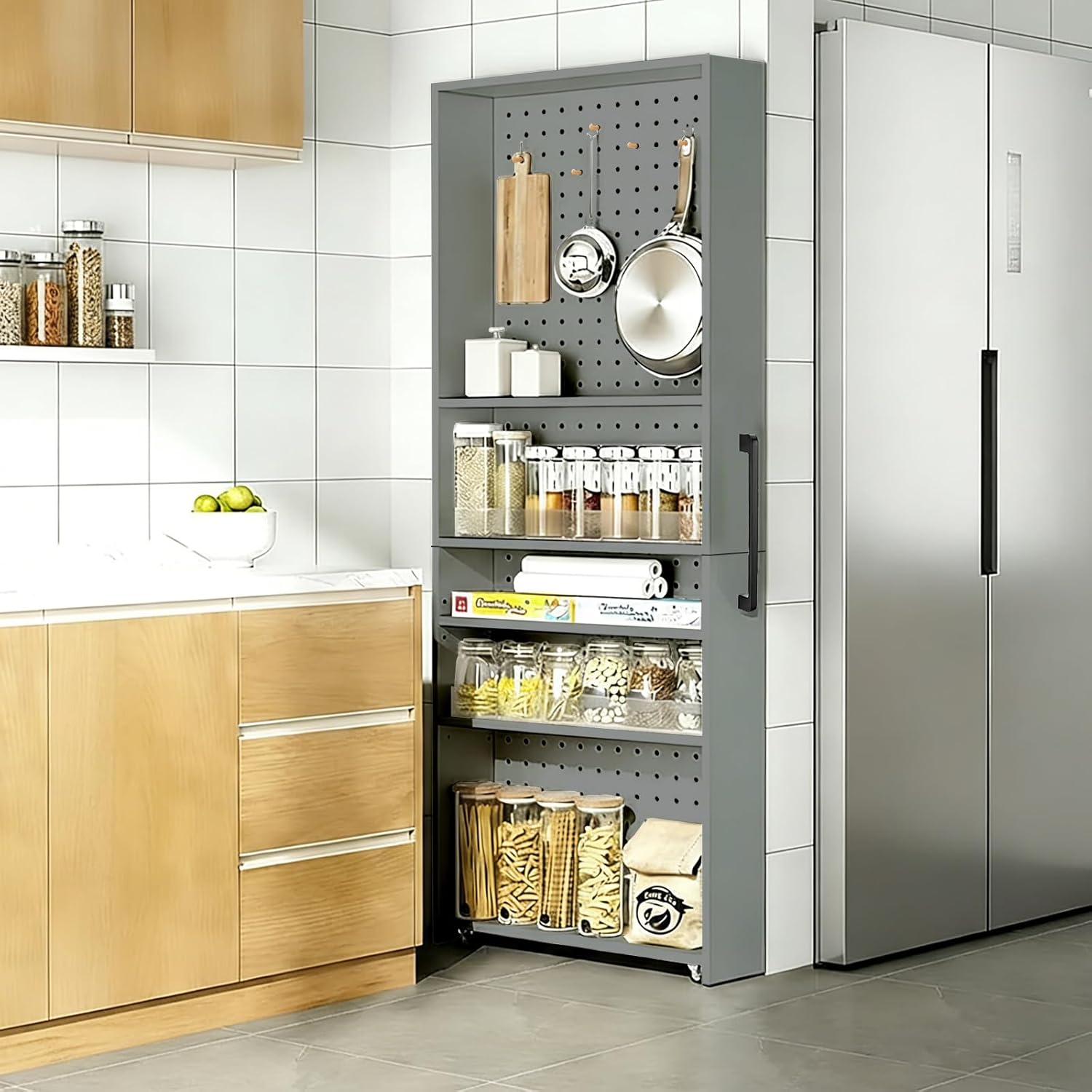 5-Tier Slim Rolling Storage Cart with Wheels, 72.8" H Utility Organizer & Adjustable Pegboard Shelves for Kitchen, Bathroom, Laundry, Pantry, Between Washer Dryer, Next to Frid White 23.6x7.87