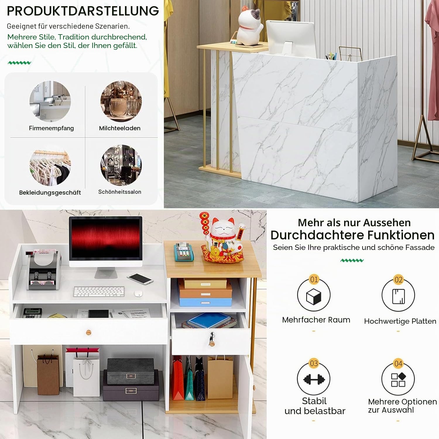 Rezeption mit Theke, Moderne Rezeption mit 4 Ablagefächern, Empfangstresen mit Stauraum, Empfangstheke für Büro, Hotel, Salon, Einzelhandel und Lobby(B,120cm)