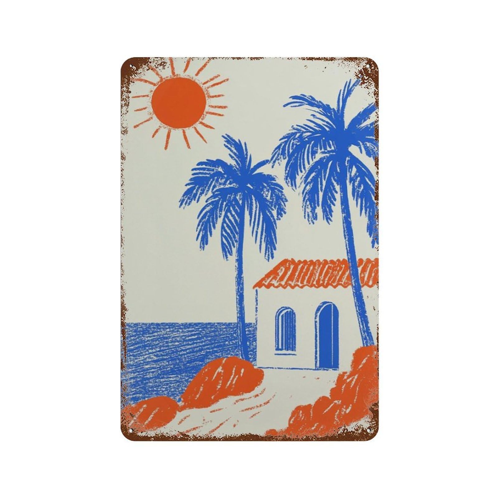 xiaoxiaoshen Mediterranean Coastal Beach House Work Minimal Seaside Blue Orange Summer Wall Decor Art Metal Tin Poster Modern Home Decor Art Home Bar Shop Decorations Vintage Sign 30x20cm