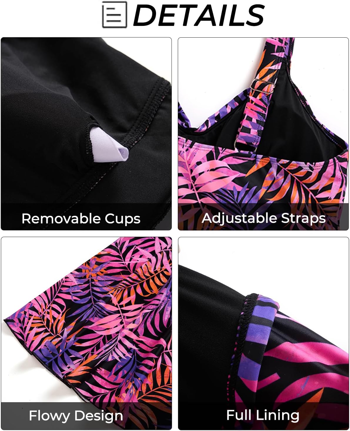 Aqua Eve Plus Size Swim Dress - Two Piece Tankini Swimsuit Tummy Control Bathing Suit with Shorts 2025 Purple Pink Leaves 22W