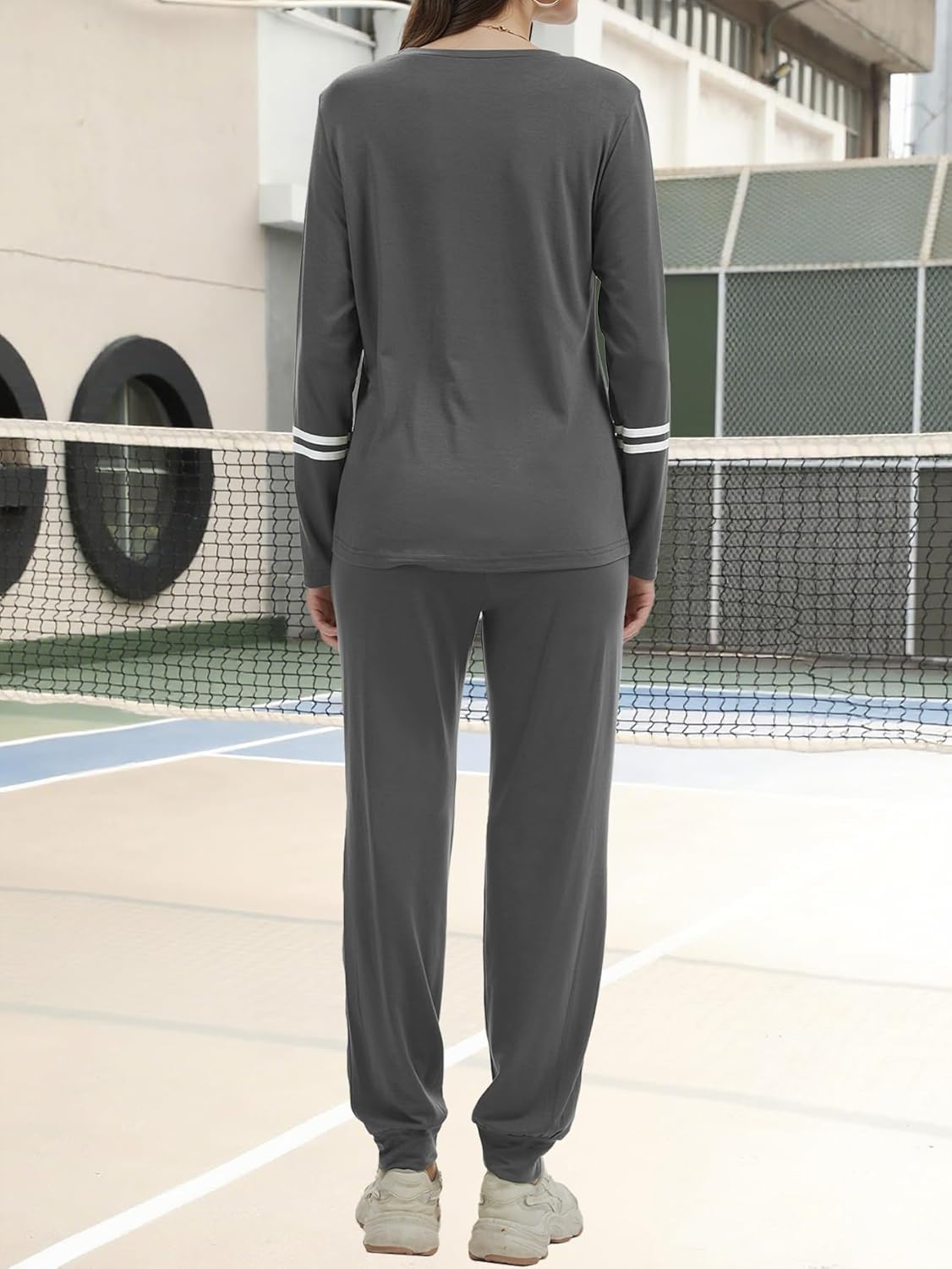 Women 2 Piece Outfits Crew Neck Striped Long Sleeve Casual Sweatsuit Lounge Set Tracksuits Pajama Pullover with Pocket - Image 3