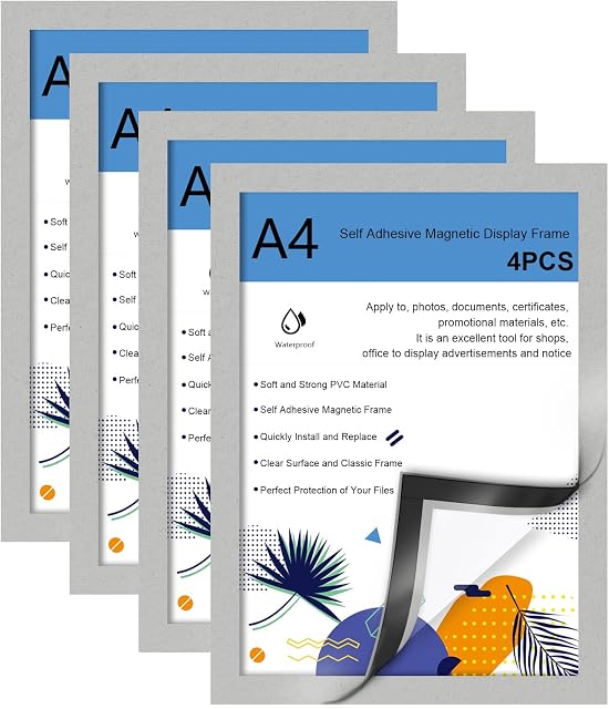 Newthinking A4 Magnetic Photo Frame, Self Adhesive Magnetic Picture Frame for Signage POS Notices Documents (Silver)