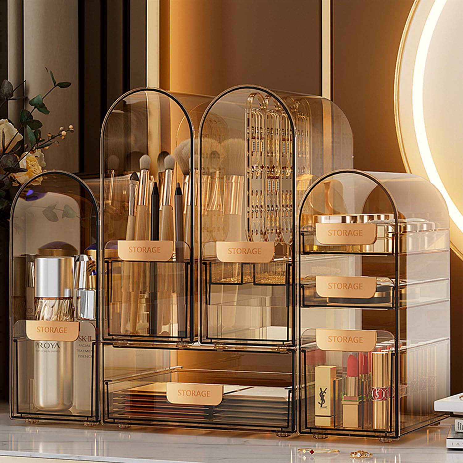 Makeup storage box, transparent acrylic cosmetics and jewelry display cabinet, can be freely combined, suitable for decoration on dressing tables, bathrooms, and entrances (5 piece set)