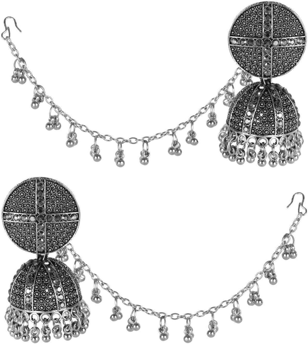 Efulgenz Oxidized Silver Dangle Jhumki Earrings with Hair Chain - Floral Charms - 2.2 x 0.6 Inch - 7 Inch Chain - Push Back Closure