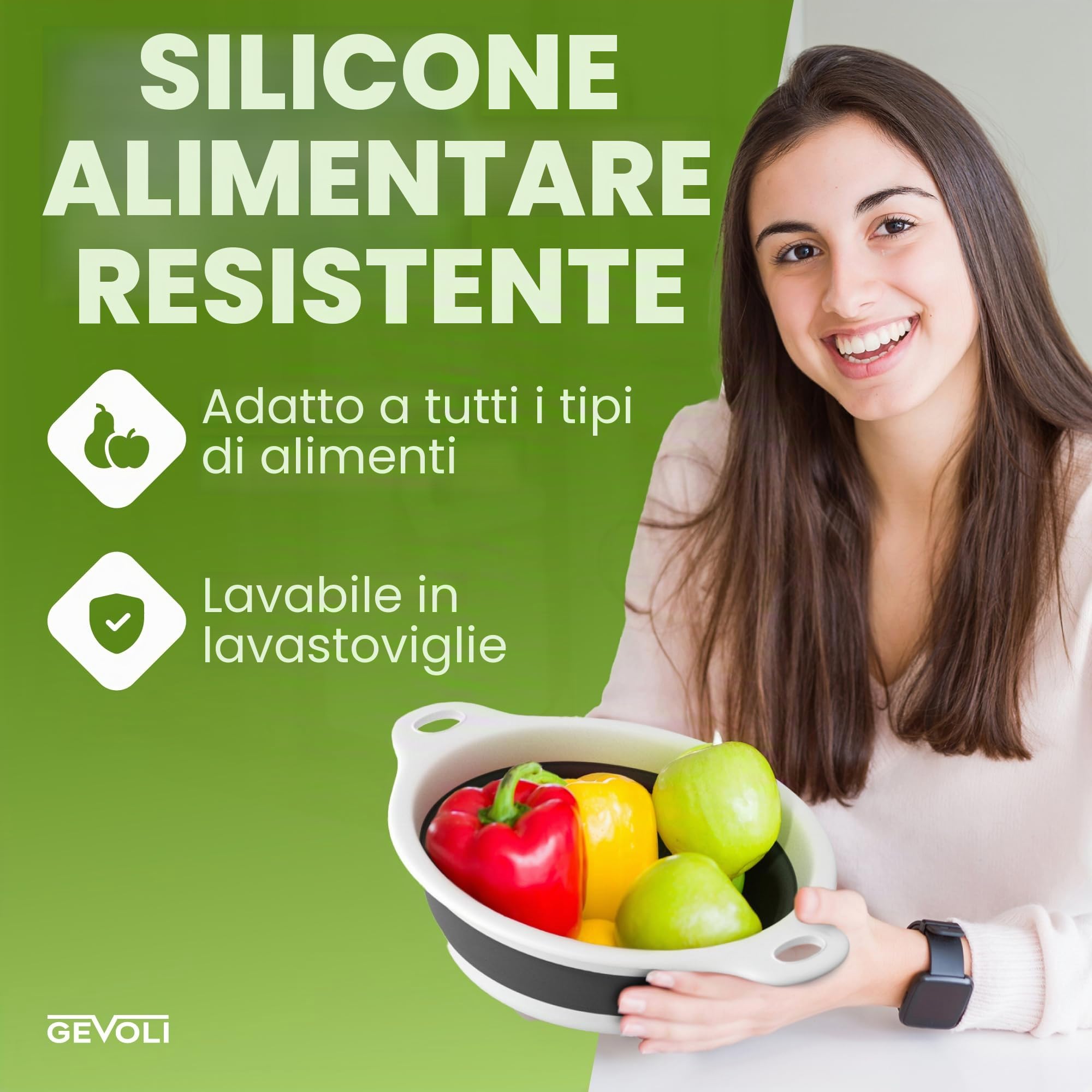 Gevoli Set di 3 scolapasta pieghevoli con base di scarico dell'acqua sopra il lavello per pasta, frutta e verdura (brevetto in attesa di registrazione), bianco (3 misure, 3QT, 4QT e 5 quarti)