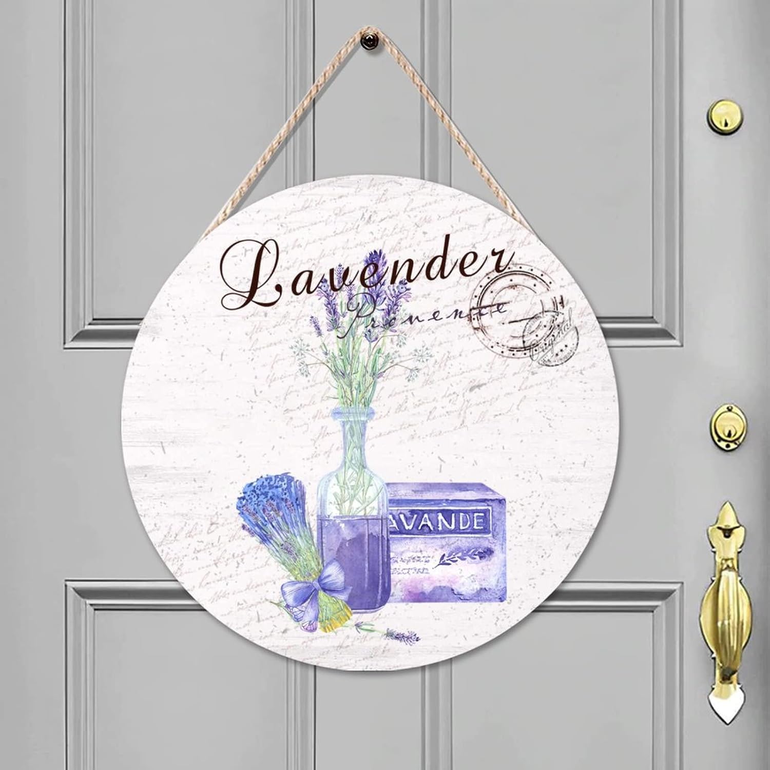 Lavender Round Door Hanger Sign, Floral Wood Door Sign, 16x16in Vintage Wall Hanging Sign Plaque for Backyard Front Porch Farmhouse Front Door Decor Housewarming Gifts