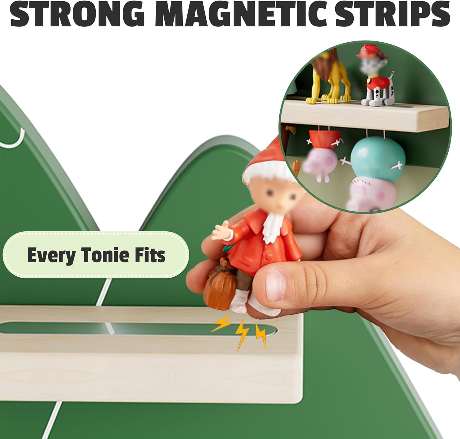 Tonie Wall Shelf (Mountain) for Toniebox, Tonies Figures Storage, Magnetic Wooden Floating Shelves Compatible with Tonie Box Player Character, Display Shelf for Children Kid's Room (Green)