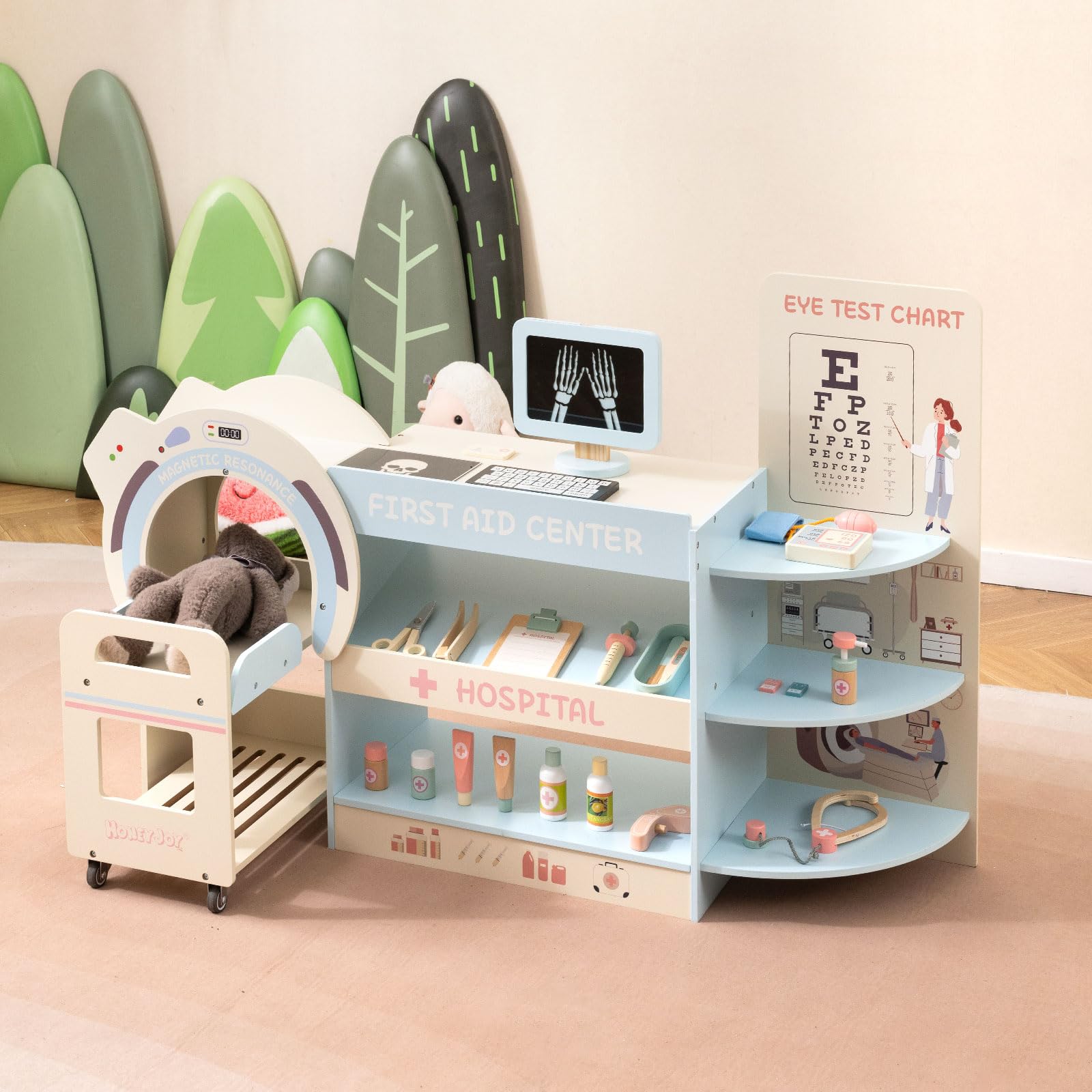 COSTWAY Holz Doktor Spielset, Krankenhaus Rollenspiel mit Sehtafel, Stethoskop, CT-Gerät, austauschbaren Filmen & medizinischen Zubehör, Arzt Set, Medizinisches Zentrum für Kinder ab 3 Jahren (Blau)
