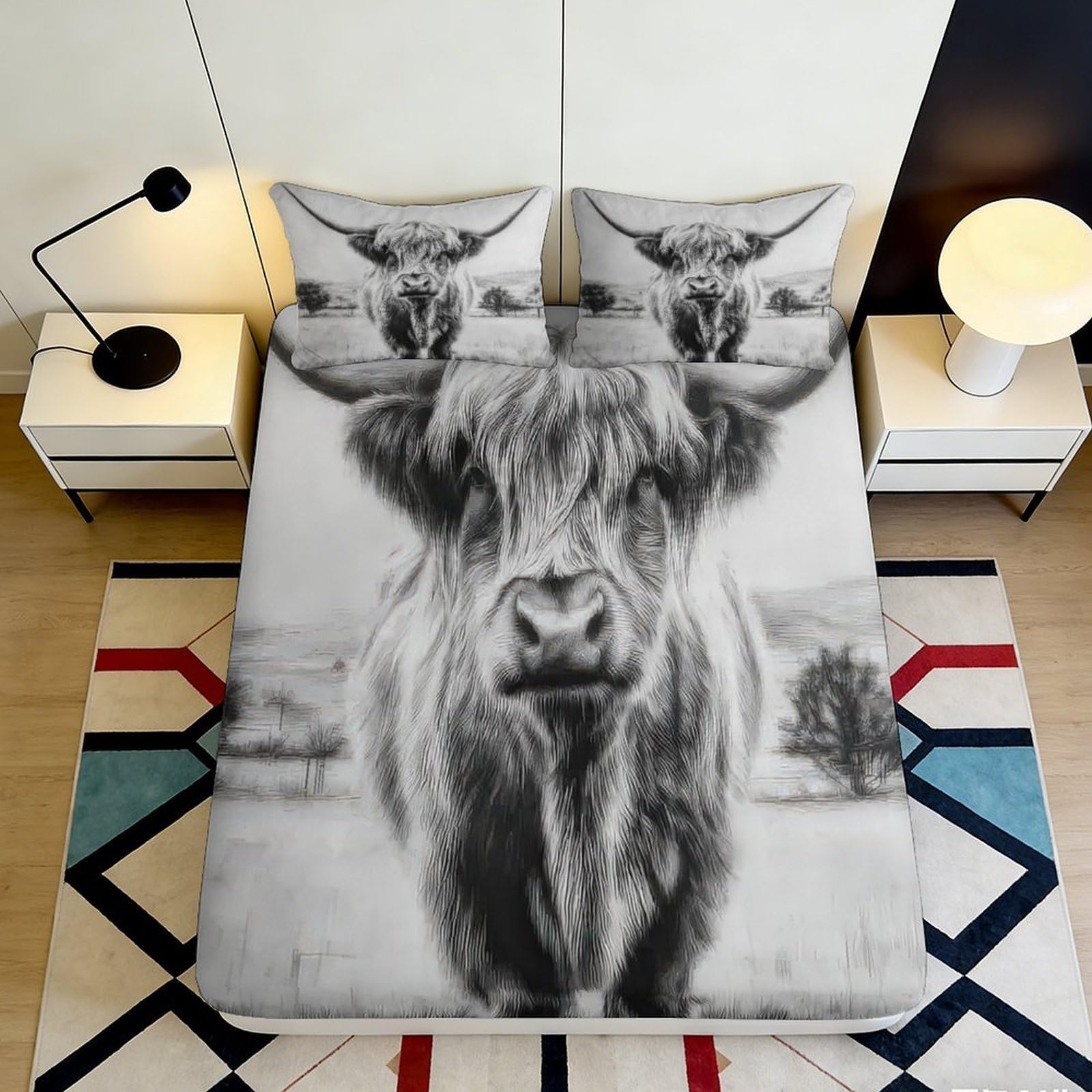 3D Printed Highland Cow Fitted Sheet Microfiber Soft Breathable Farm Landscape Mattress Cover for Bedroom Guestroom Decor 180x200x25cm