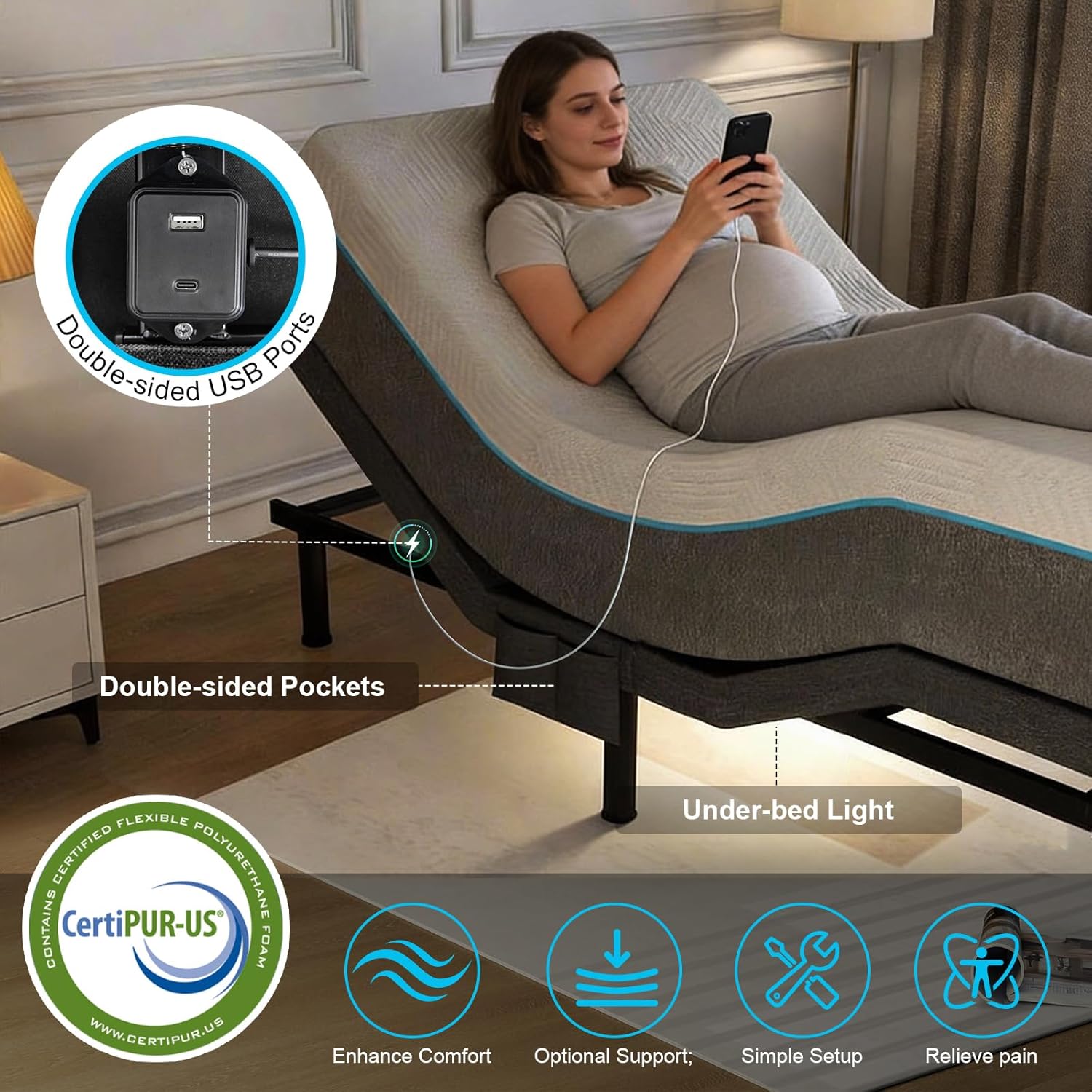 Vipbear Queen Adjustable Bed Base - Dual Motor Bed Frame with Wireless Remote, Zero Gravity/Anti-Snore/TV Mode, Under-Bed LED Light & 4 USB Ports, 3-Height Adjustable Legs