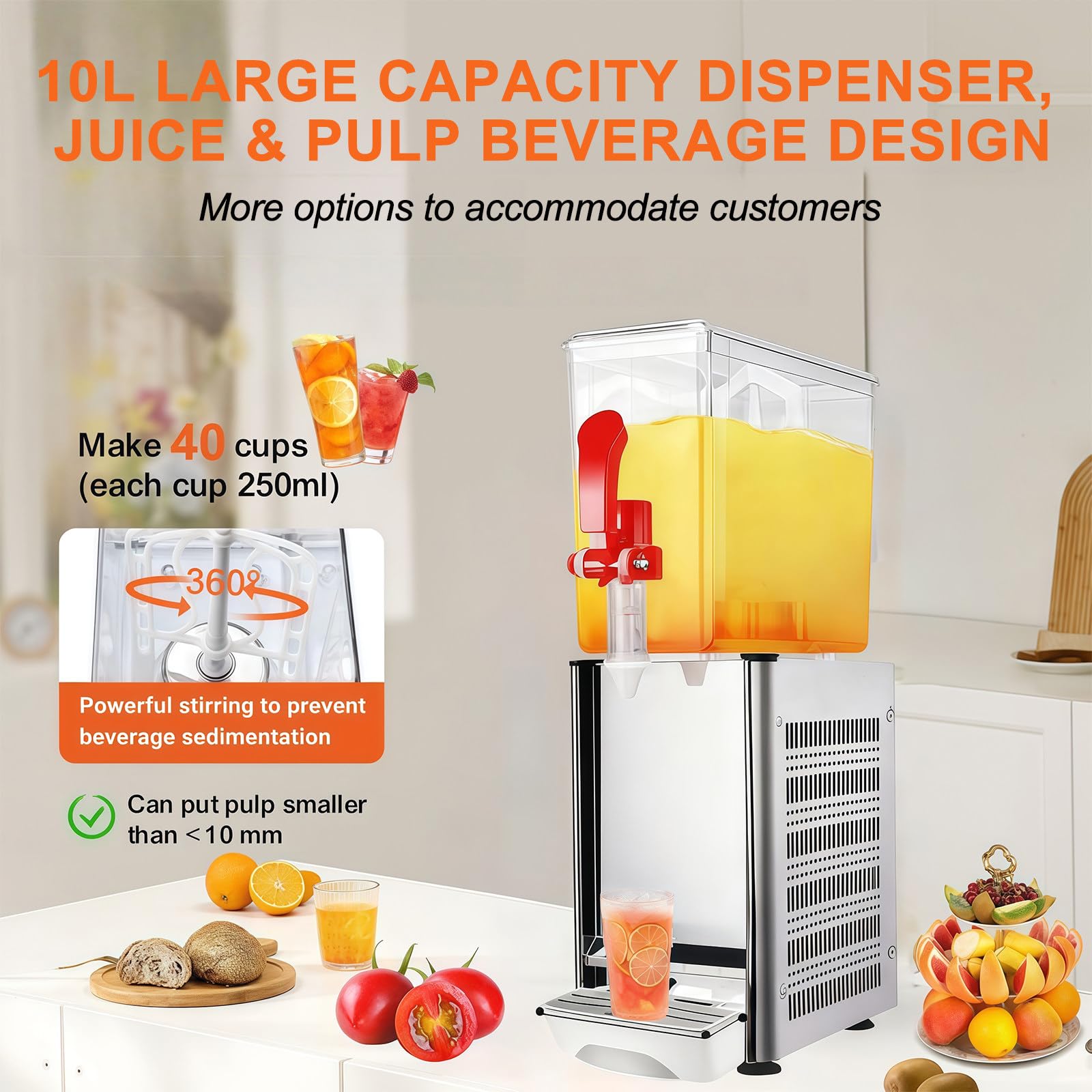 Dispensador de Bebidas Comercial,Dispensador de Jugo Refrigerado,Acero Inoxidable,Compatible,Jugo Y Pulpa,Control Termostato Para Restaurantes Y Servicio Bebidas Frías WithPulp-10LHotandCold