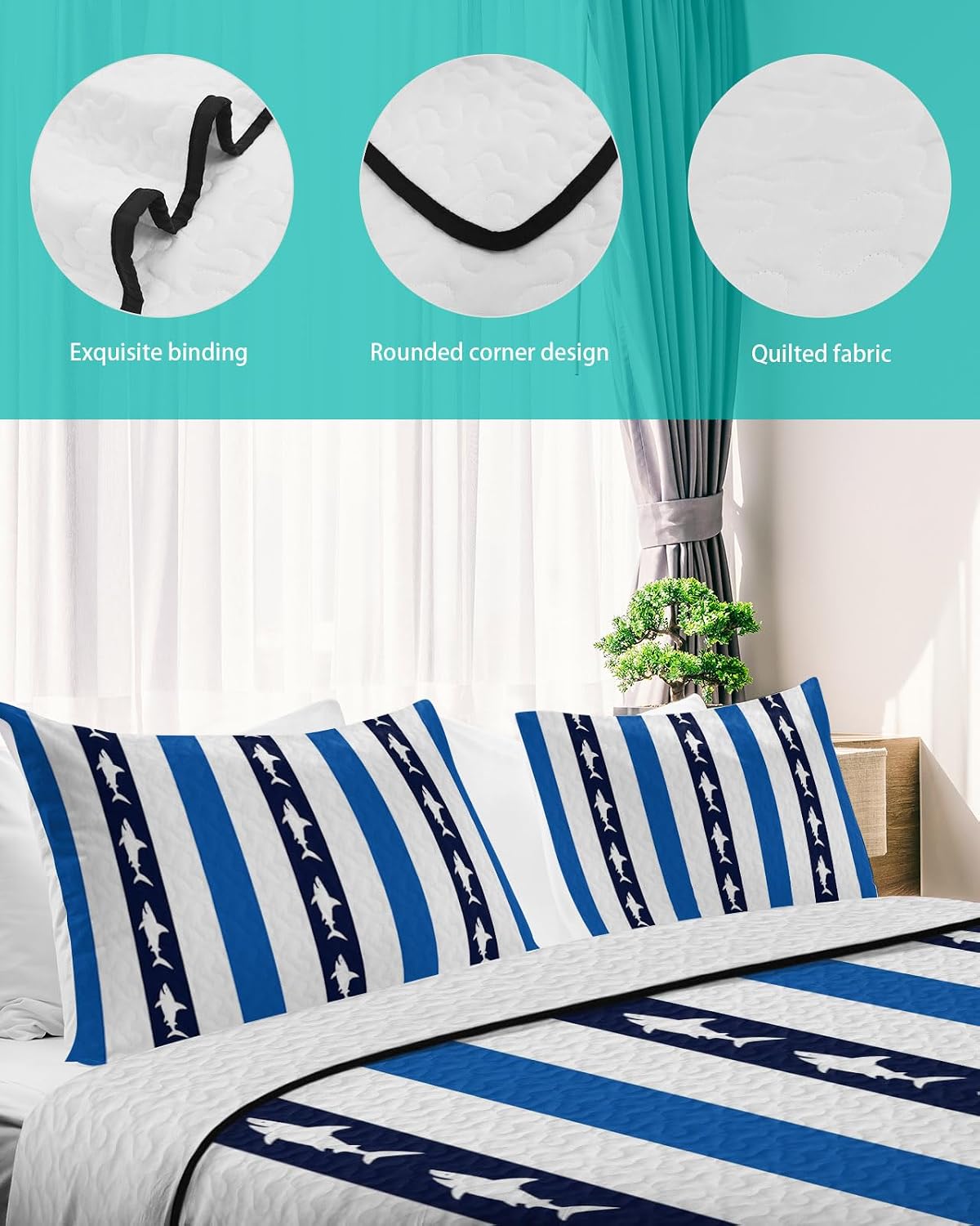 King Size Quilt Set, Summer Navy Blue Stripe Lightweight Bedspread Coverlet Set Soft Microfiber Summer Quilt with 2 Pillow Shams, Sea Shark Marine Life 3 Piece Comforter Bedding Set