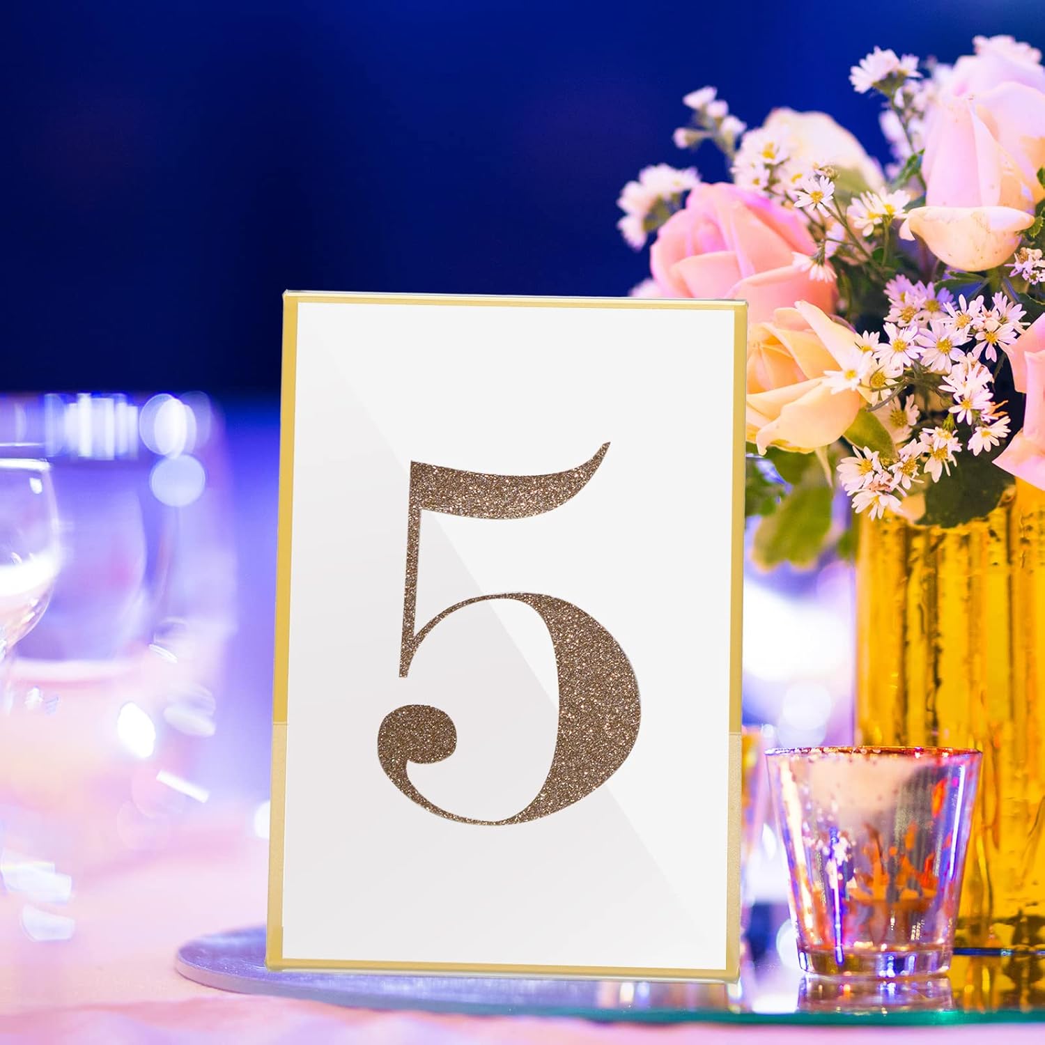 Yulejo 24 Pack Wedding Gold Picture Frames Bulk 5 x 7 Inch Acrylic Sign Holder Clear Double Sided Table Number Menu Holders Desktop Stands for Wedding Office Restaurant Art Photo Flyer Display