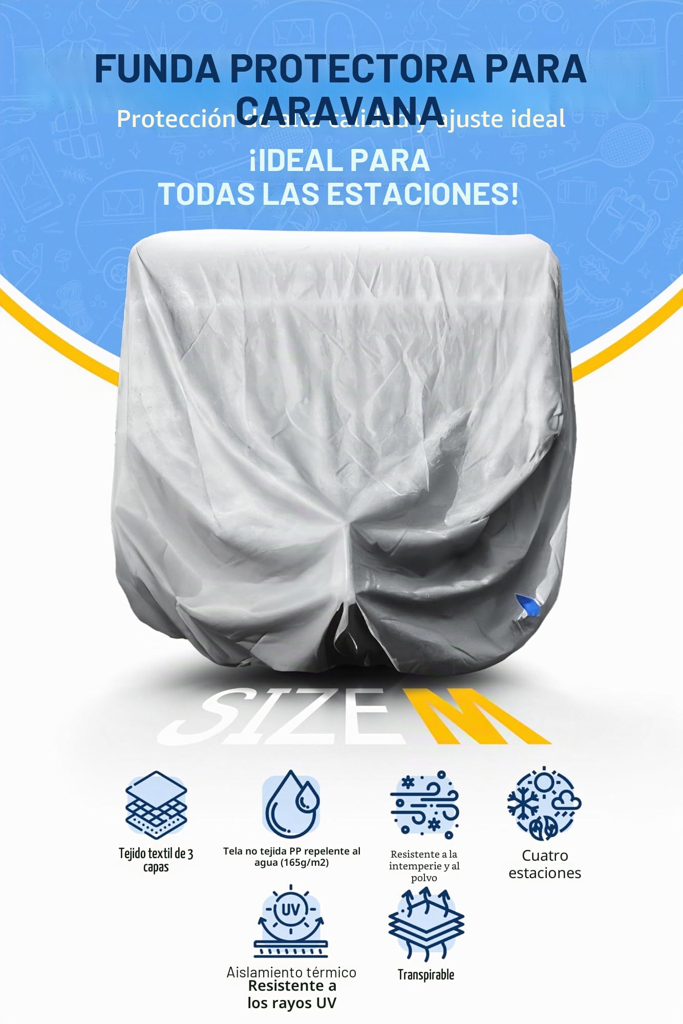 Funda protectora para caravana – Lona premium para autocaravana y caravana – Accesorio de camping, protección UV y meteorológica – Accesorio para caravana, tamaño M 550x250x220 cm, 165g/m²
