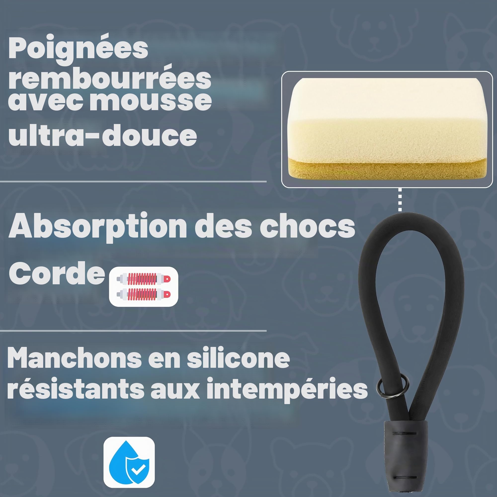Laisse pour Chien de 1,8 m très résistante, Extra rembourrée, Deux poignées, Mousqueton en métal verrouillable, Pinces en Silicone Durable, Absorption des Chocs, Laisse réfléchissante