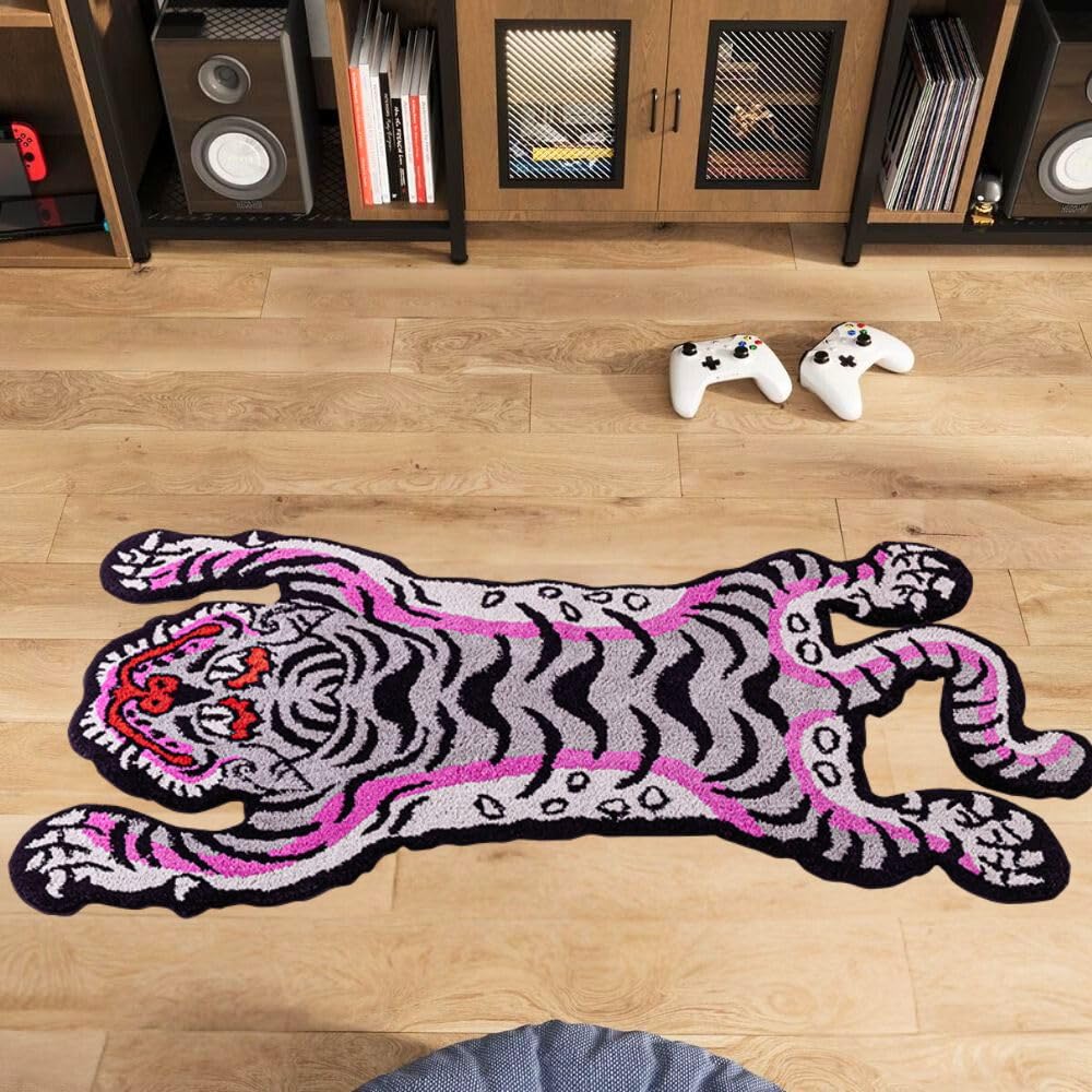 Alfombra capitoné de tigre tibetano de 5 x 3 pies para sala de estar, alfombras suaves y divertidas para dormitorio, alfombra lavable con respaldo antideslizante de TPR para decoración del hogar
