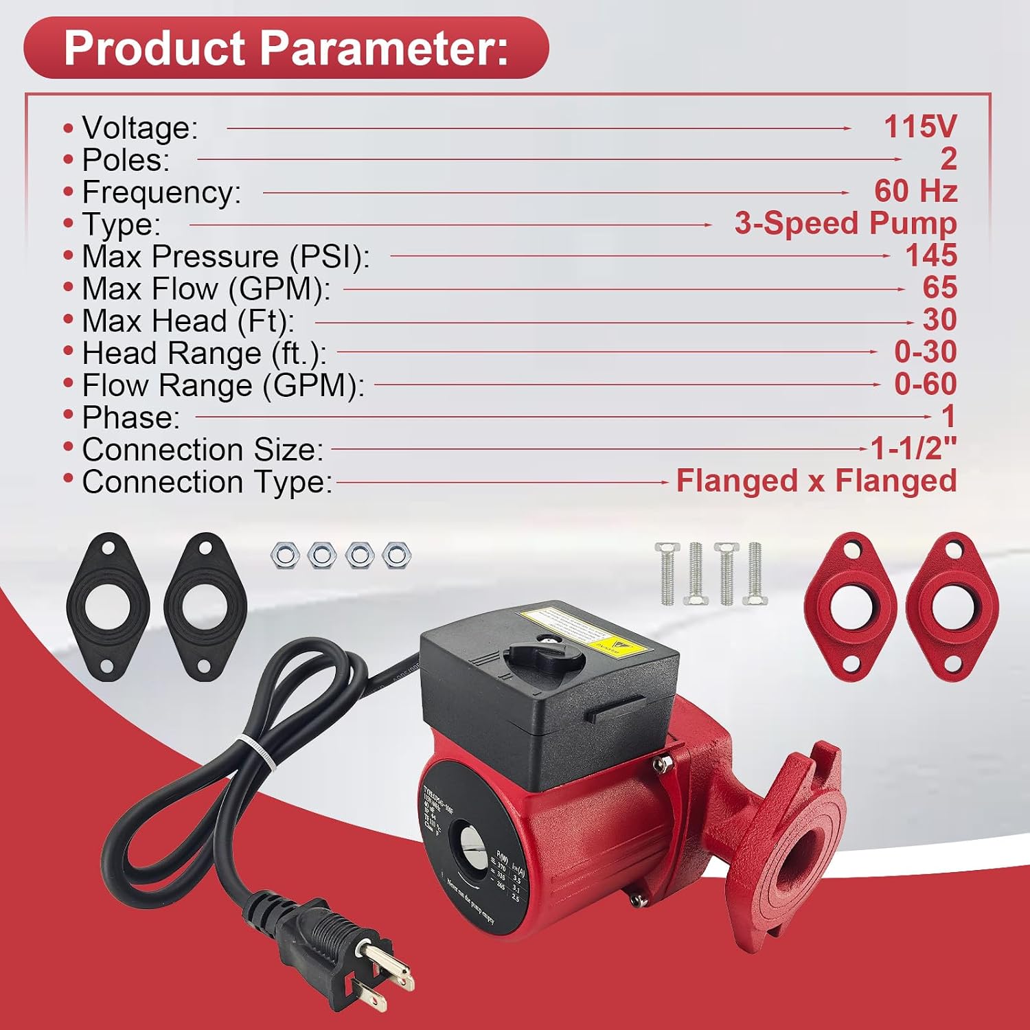 UPS43-100F Hot Water Circulator Pump, 115V 1/3 HP 3 Speed | Compatible with Grundfos 95906636 95906637, for Hydronic Radiant Floor Heating Systems