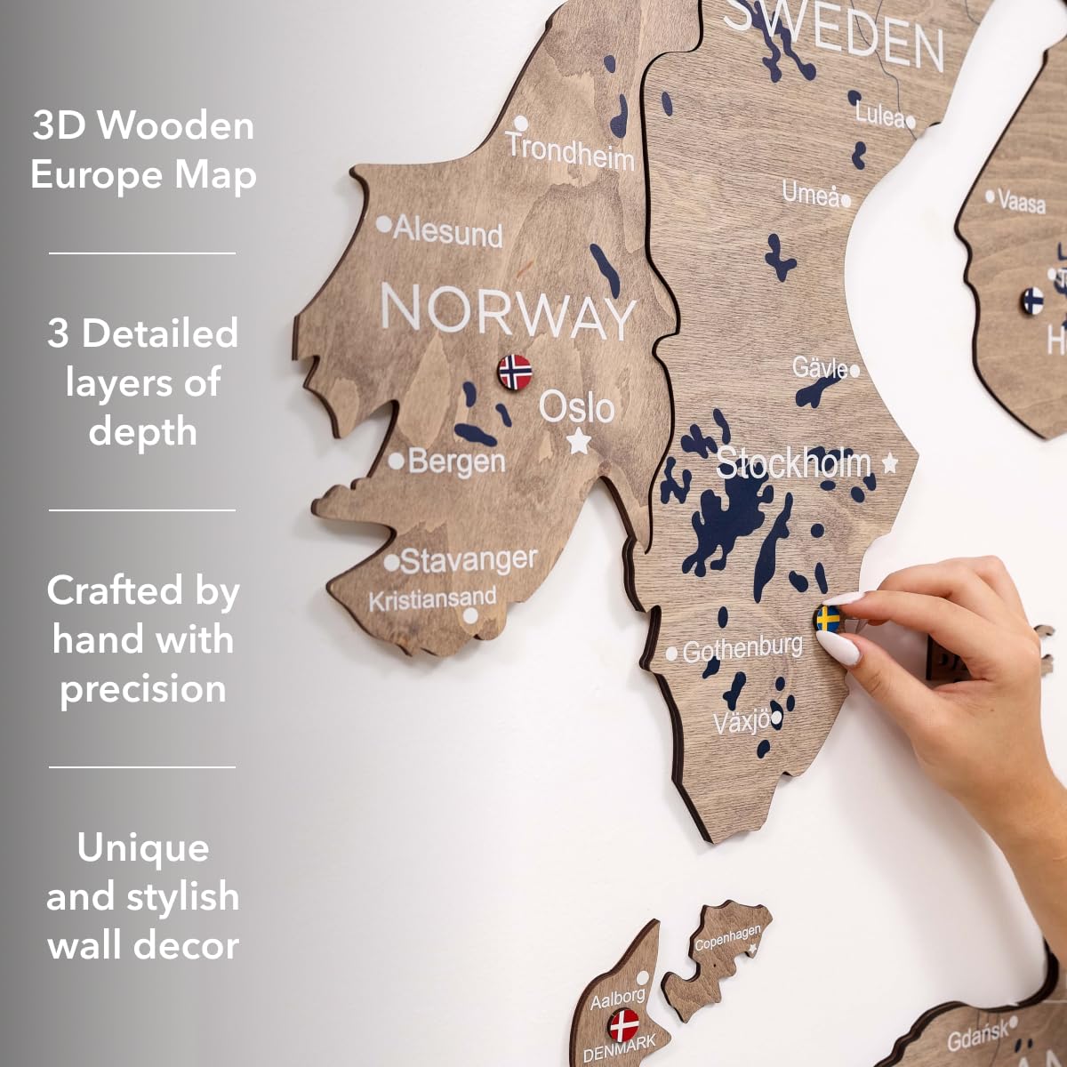 ENJOY THE WOOD Mapa de Europa en Madera 3D – Mapa Europeo Artesanal con Fronteras de Países – Decoración Moderna de Viajes con Pines, Regalo para Parejas y Familias