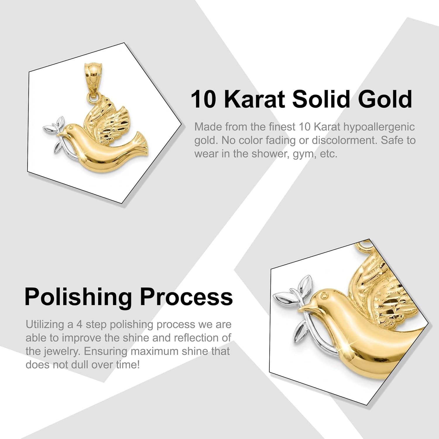 Gold Peaceful Dove with Olive Branch Charm - 10 Karat Solid Gold