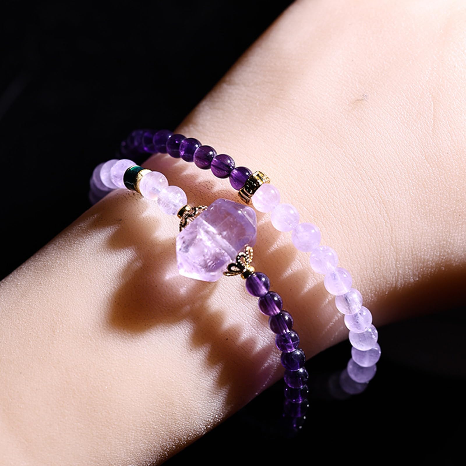 Bracciale con Perline di Cristallo Naturale, Cristalli con Pietre preziose, Gioielli con Perline, bracciali Elasticizzati Multistrato con Vera Ametista per Donne