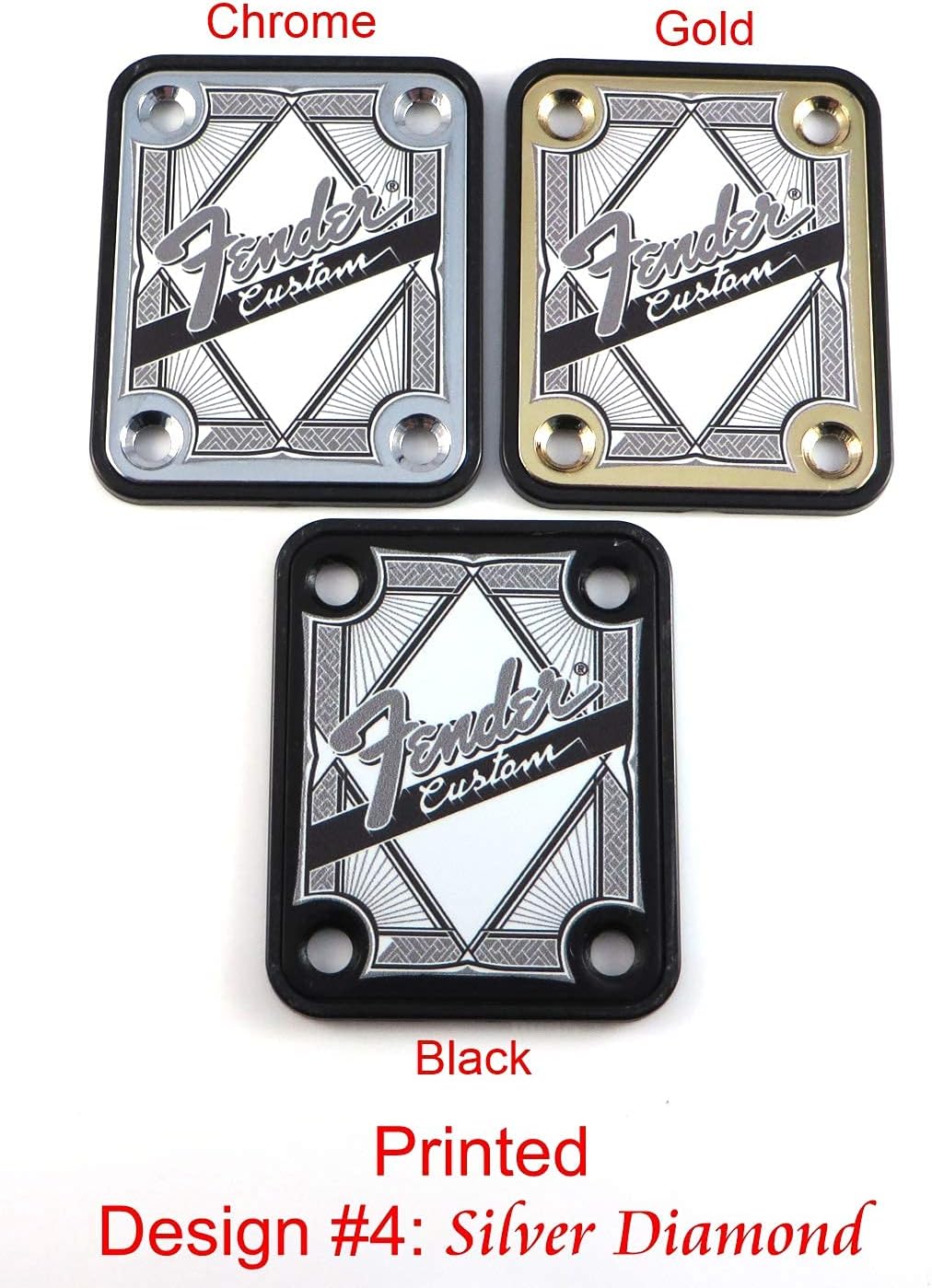 Standard 4 Bolt "Custom Built" Engraved or Printed Guitar Neck Plate - Choose from 4 designs - Silver, Gold or Black