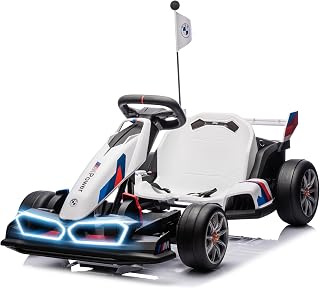 36V Licensed BMW Electric Go Kart, 7.5 MPH Drift Kart with 600W Motor, Outdoor Driftable Kids Race Pedal Go Karting Car w/Adjustable Seat, Lights, for 6 Years Old, White