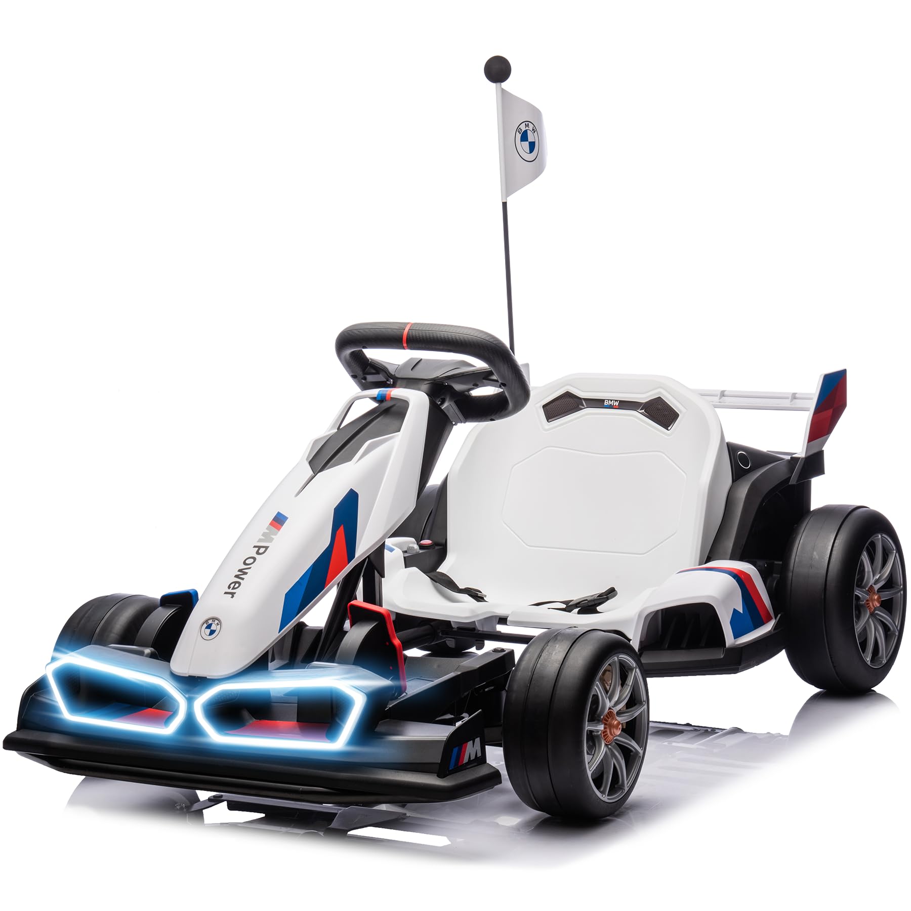 24V 9AH Licensed BMW Electric Go Kart, 7.5 MPH Drift Kart with 400W Motor, Outdoor Driftable Kids Race Pedal Go Karting Car w/Adjustable Seat, Lights, for 6 Years Old, White