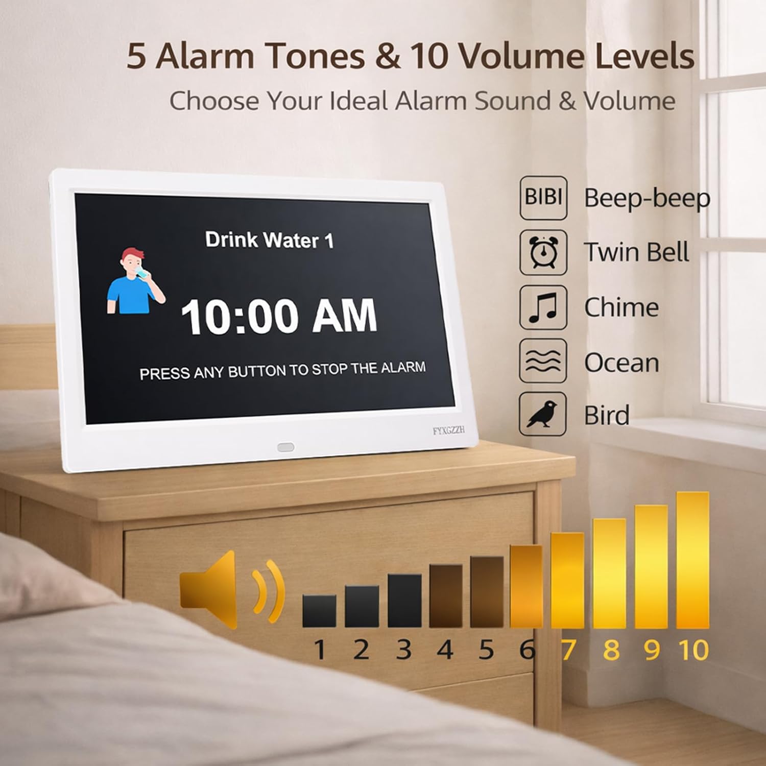 11.5'' Dementia Clocks for Seniors Extra Large, Clock with Day and Date for Elderly, 20 Alarm Reminders, Easy-to-Read, Simple Setup, Adjustable Brightness, DST, White Case