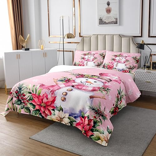 Miniatura 2 de Manfei Colcha de muñeco de nieve de Navidad, tamaño King, colcha acolchada con 2 fundas de almohada, juego de colcha rosa de Navidad de 3 piezas