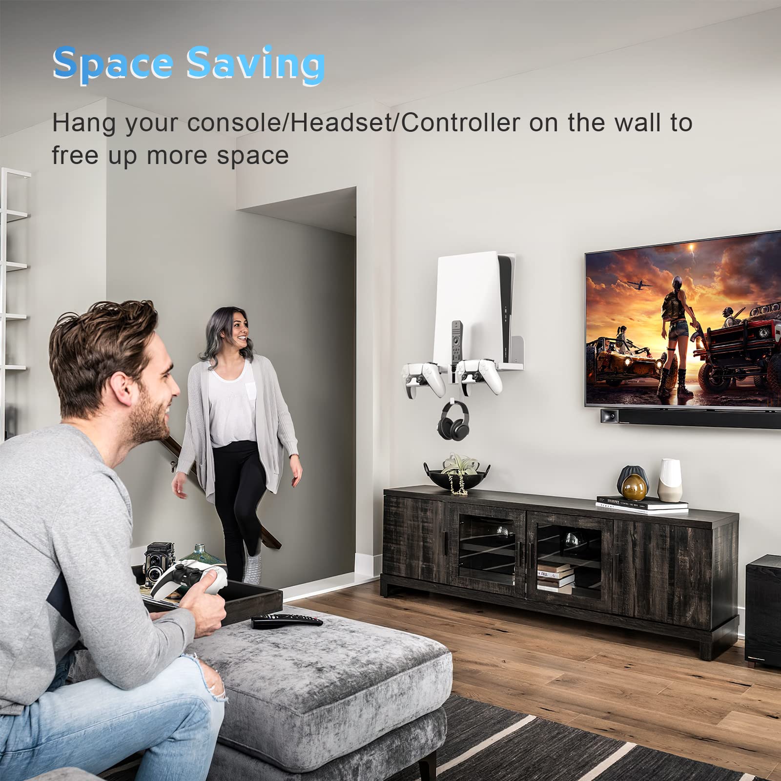Soporte de Pared PS5, 5 IN 1 Soporte de Pared para PS5 Consola (Disco y Edición Digital) Acero Juego de Soporte de Pared para Playstation 5 con Colgador de Auriculares Desmontable