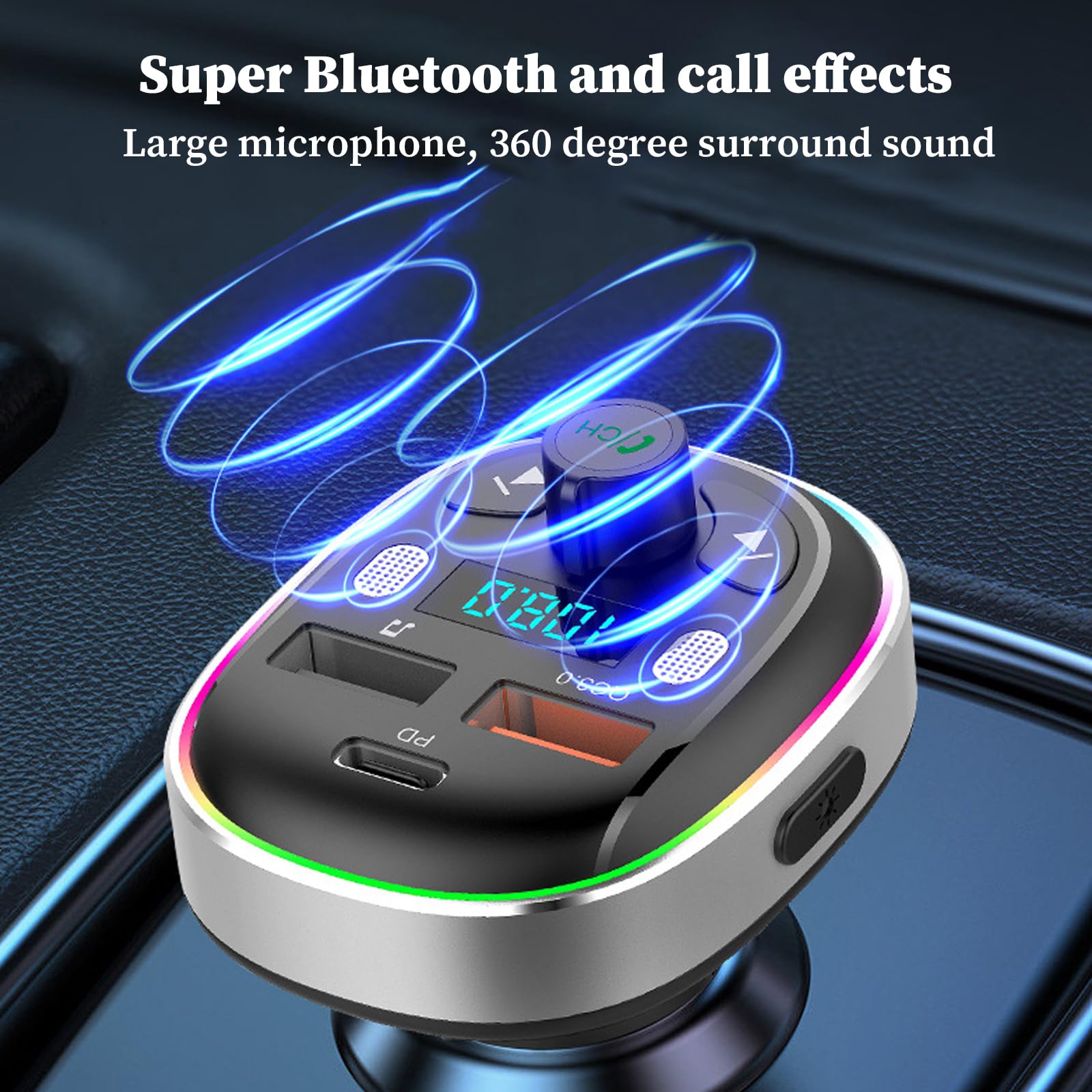 Trasmettitore FM Bluetooth 5.3 Per Auto - 2 Porte USB, Vivavoce, Supporto MP3/USB/TF | Adattatore Per Radio Auto - Foto 5