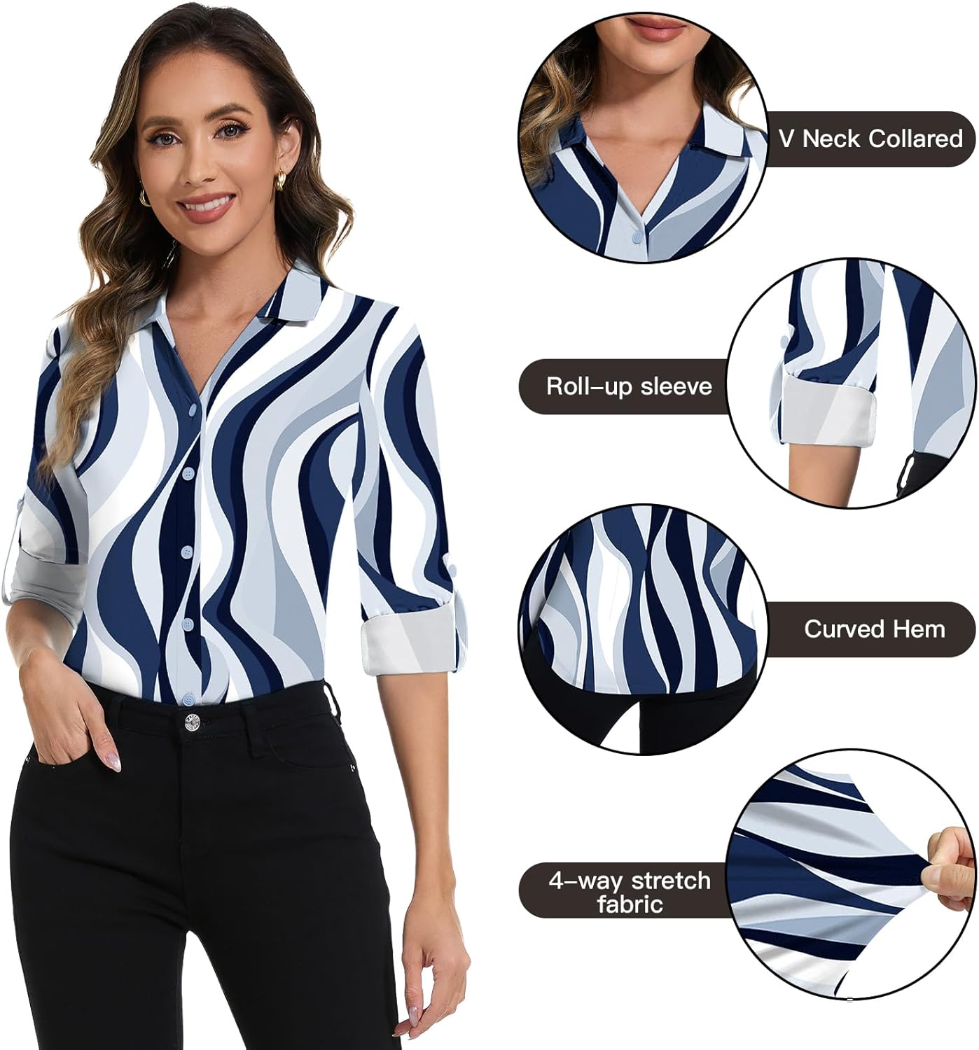 Soneven Womens 3/4 Roll Sleeve Golf Polo Shirts V Neck Long Sleeve Button Up Shirts Business Casual Tops Work Blouses - Image 3