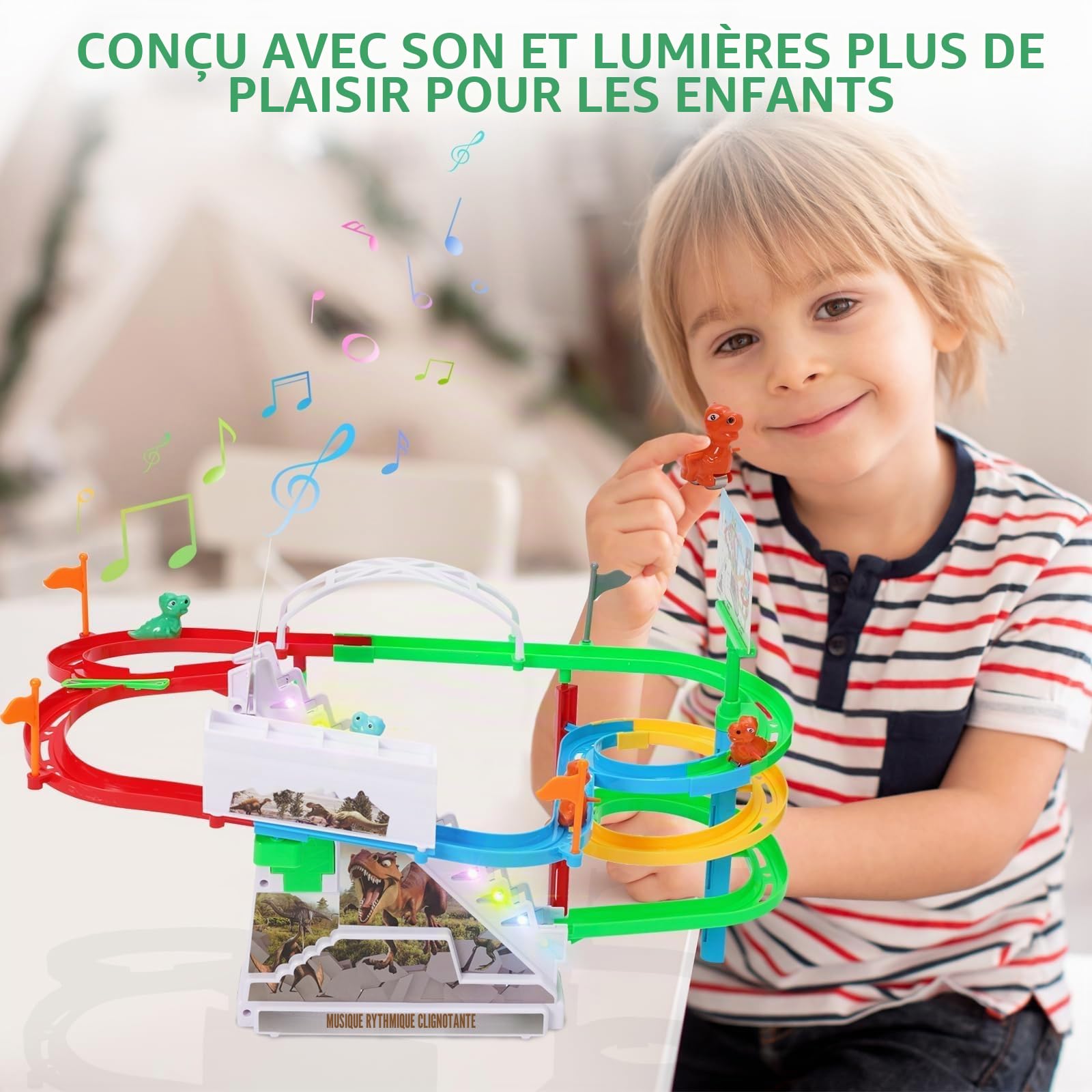 Circuit de Course Dinosaure, Escalade Escalier Jouet pour Enfants, Montagnes Russes Jouets avec Musique et Lumière, Toboggan Dinosaur, Puzzles Éducatifs et Jeux pour Garçons et Filles