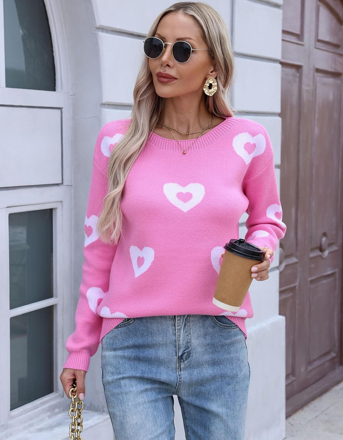 Womens Boat Neck Pullover Sweaters Fall Winter Long Sleeve Cute Heart Valentine Sweater - Image 2