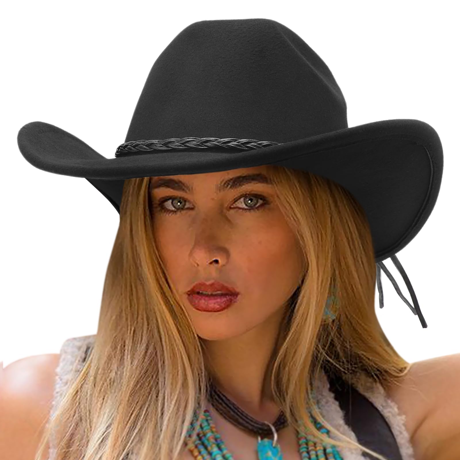 DRESHOW Cowboy Hat for Men Women Classic Western Wide Brim Roll Up Fedora Cowgirl Outback Hat with Strap