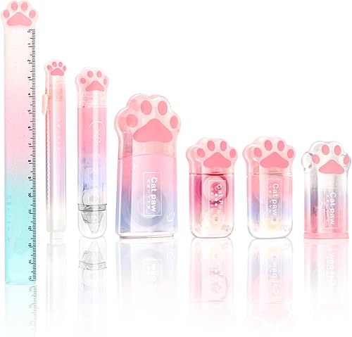 Cinta de corrección blanca, bonito juego de papelería, incluye 3 piezas de borrador retráctil, regla, cinta adhesiva de doble cara, cinta de