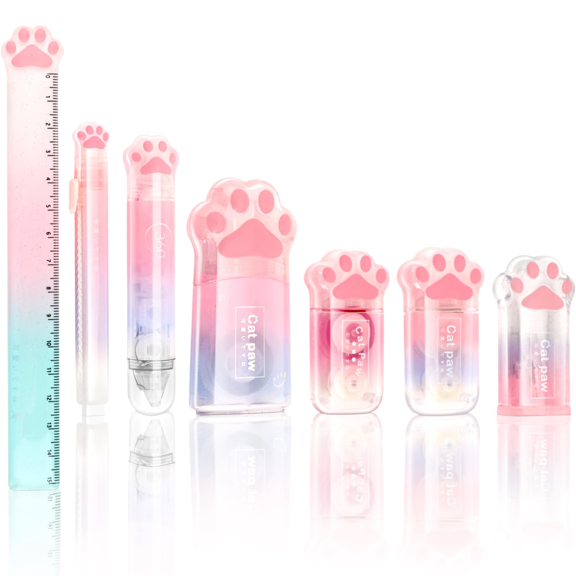 PANDENNER White Out Correction Tape,Cute Stationery Set,Including 3Pcs White Out,Retractable Eraser, Ruler, Double Sided Glue Tape,Correction Tape, Pencil Sharpener,for Kawaii Office School Supplies