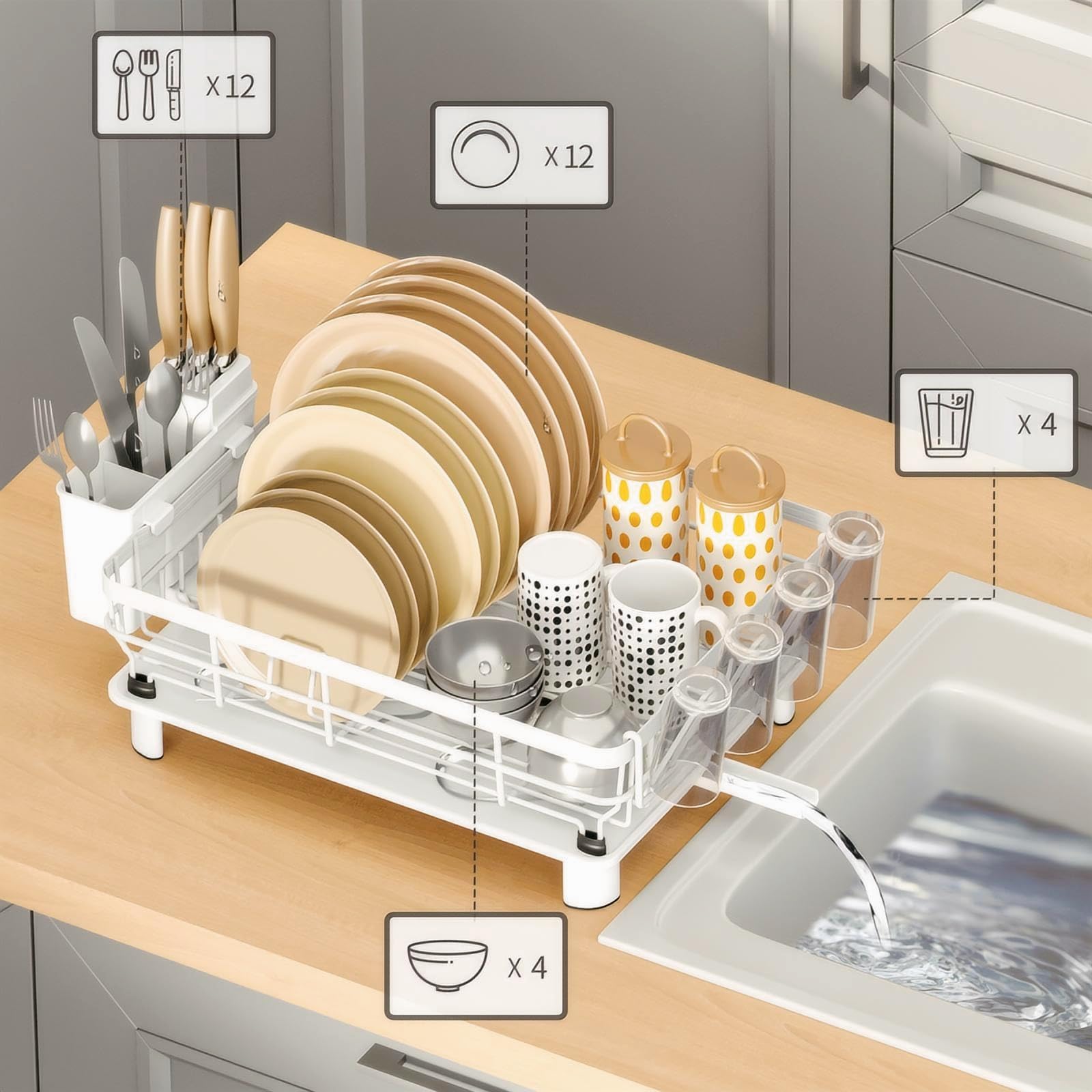 Scolapiatti con vaschetta raccogligocce, scolapiatti da Cucina con beccuccio Girevole a 360°, scolapiatti in Metallo con portaposate e portabicchieri Rimovibili