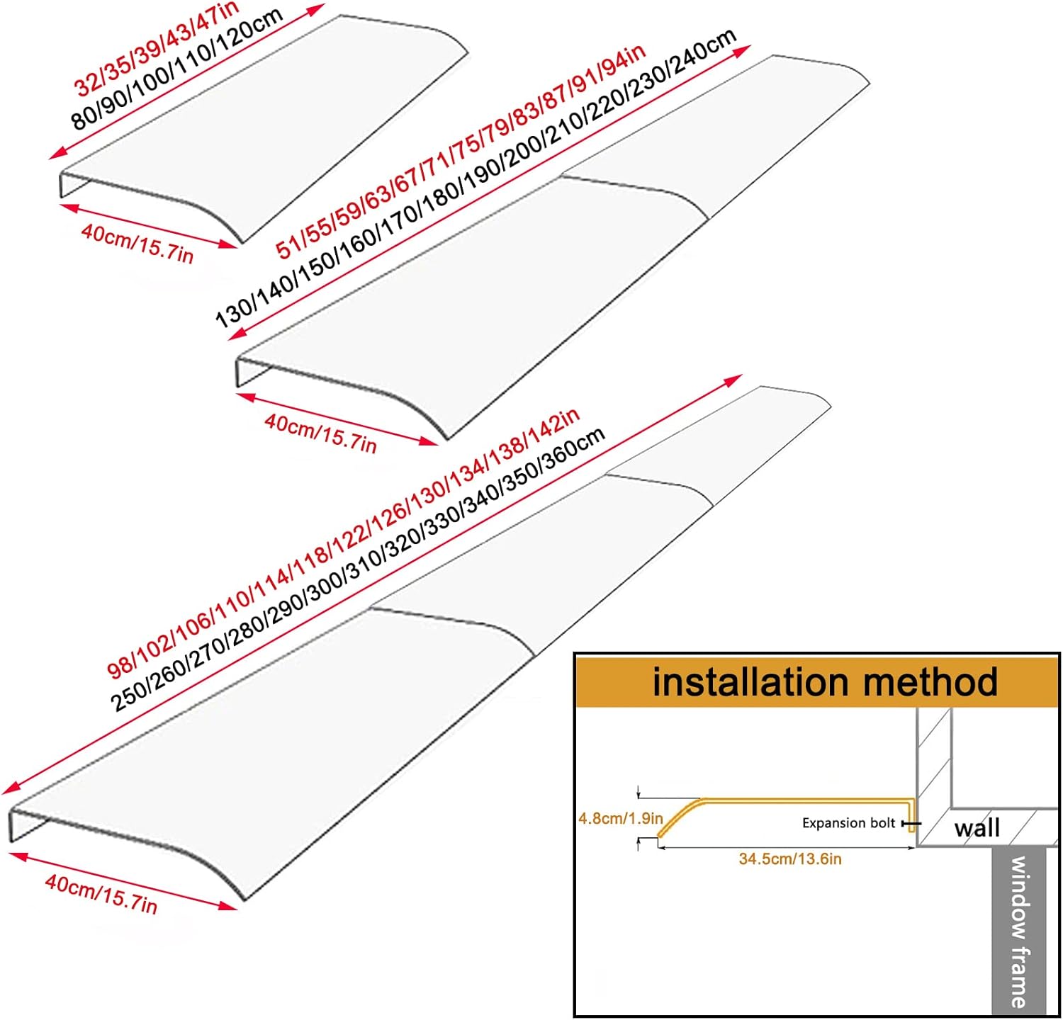 Transparent Window Door Canopy,Window Awning,Porch Canopy for House Fronts,Mute Polycarbonate Cover,Rain Shelter,Water UV/Heat Resistant,for Patio Balcony Outdoor (40x80cm/15.7" x32)