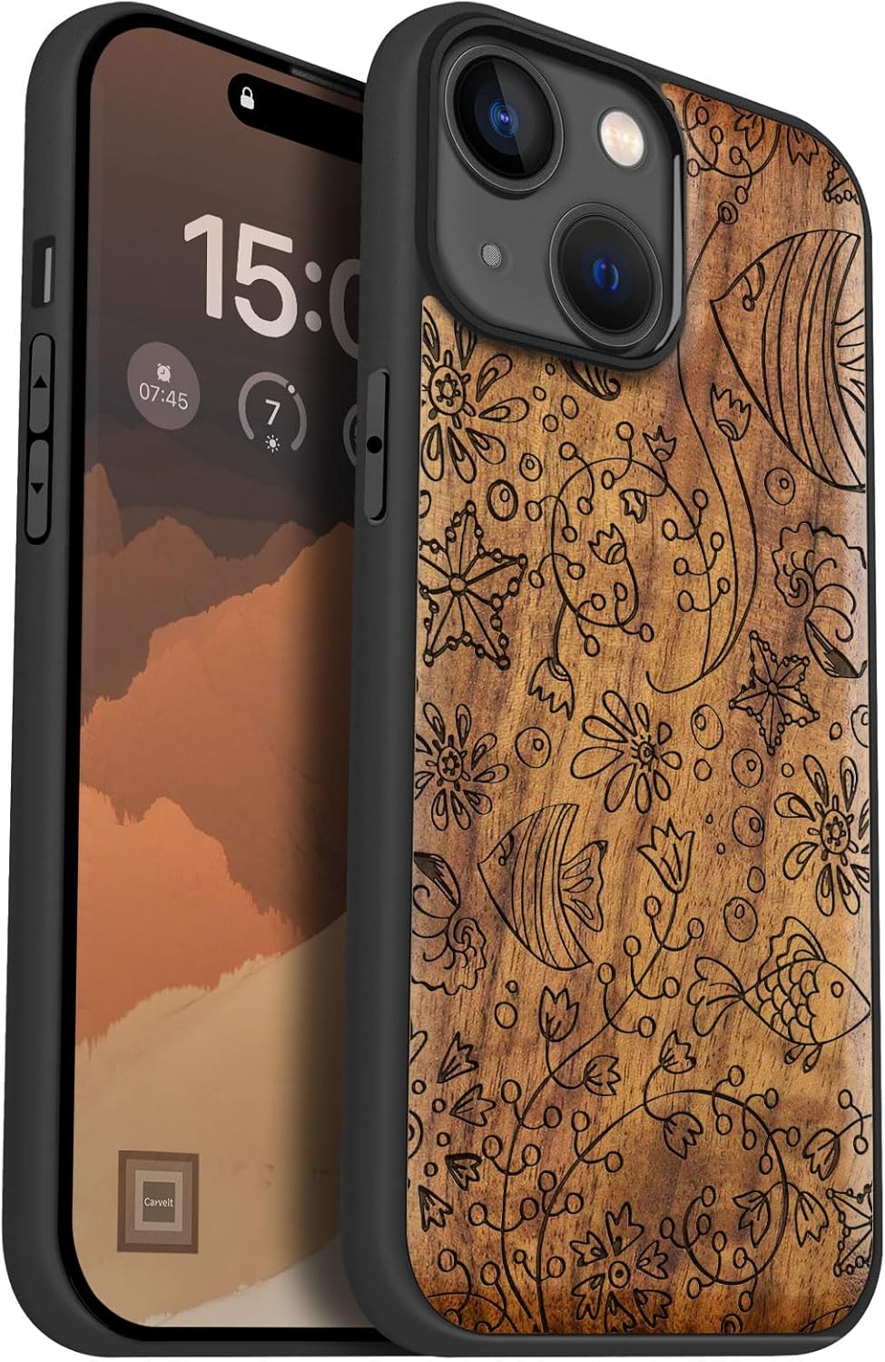 Carveit Magnetic Wooden Case for iPhone 15 Case, Compatible with MagSafe Wireless Chargers, Black Soft TPU Shockproof Cover & Wood Artisan Engraved (Oceanic Life) - Walnut
