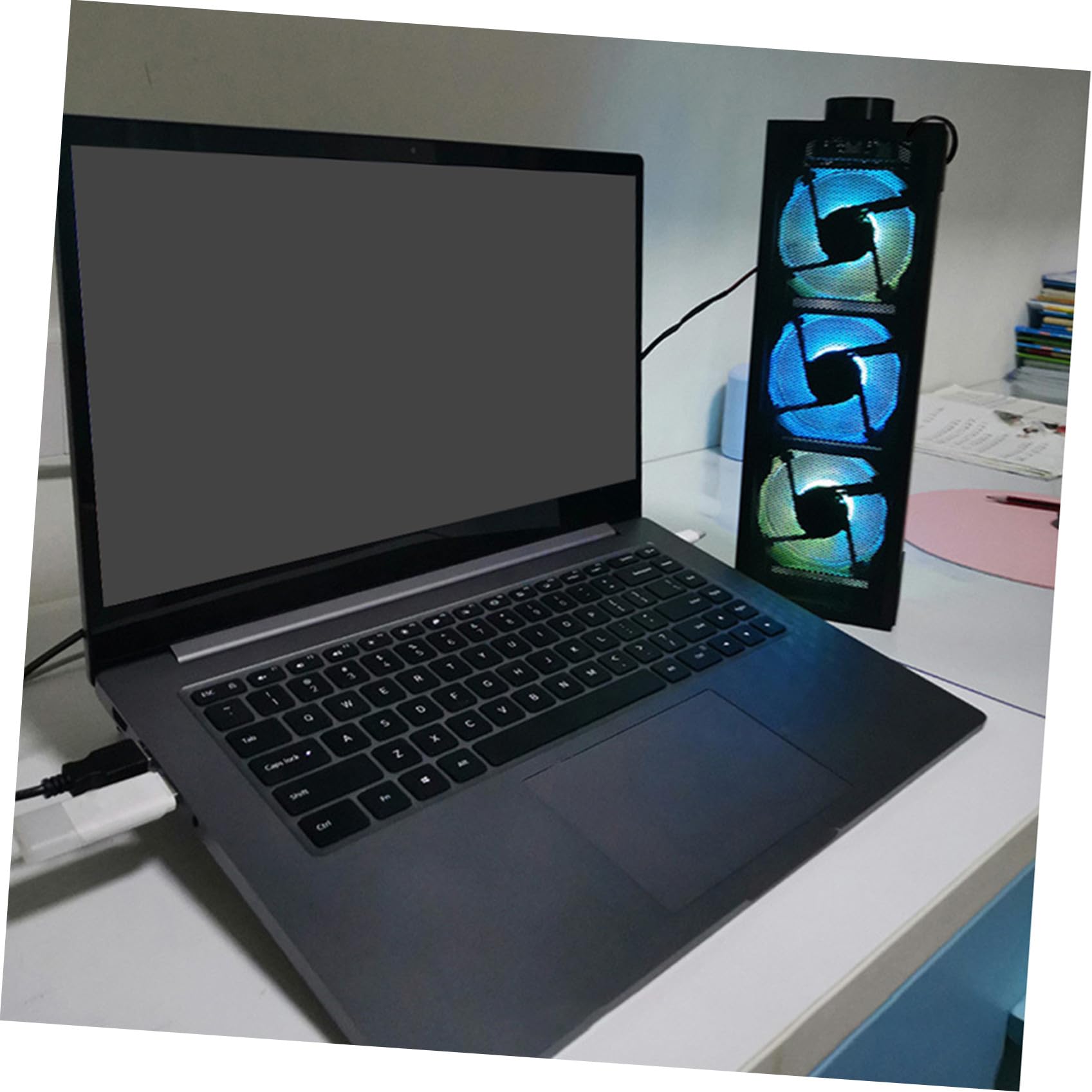 USB Betriebener Notebook Kühler mit RGB, Schwarz, Aluminiumlegierung | Drei Stufen, Erhöhte Standfläche, für Laptop und Notebook, Home Anwendung