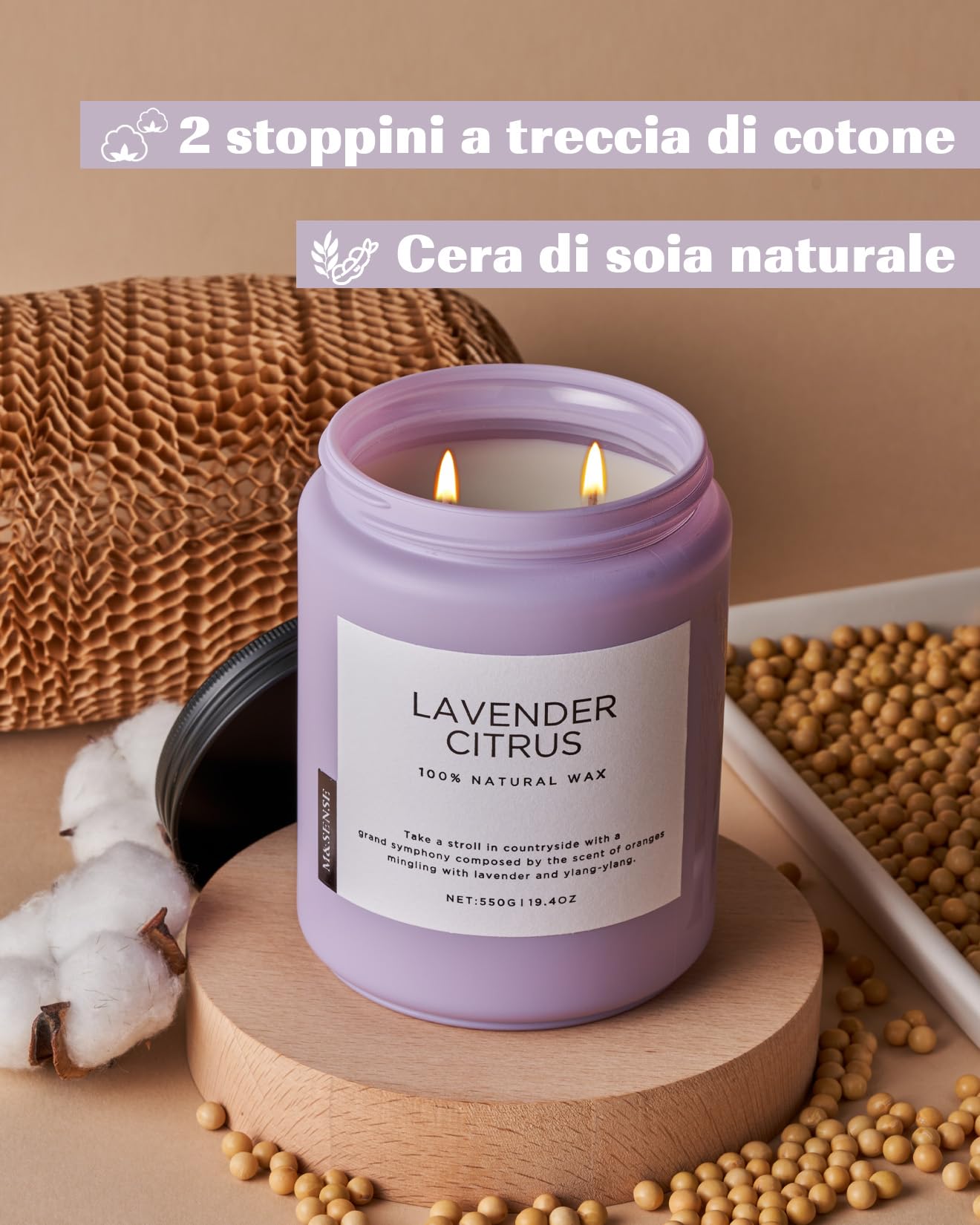 M&SENSE Candela profumata, candele aromaterapiche alla lavanda agrumi, candele medie per la spa, regali antistress per la mamma, la fidanzata e l'insegnante, il bagno e lo yoga,110 ore di combustione