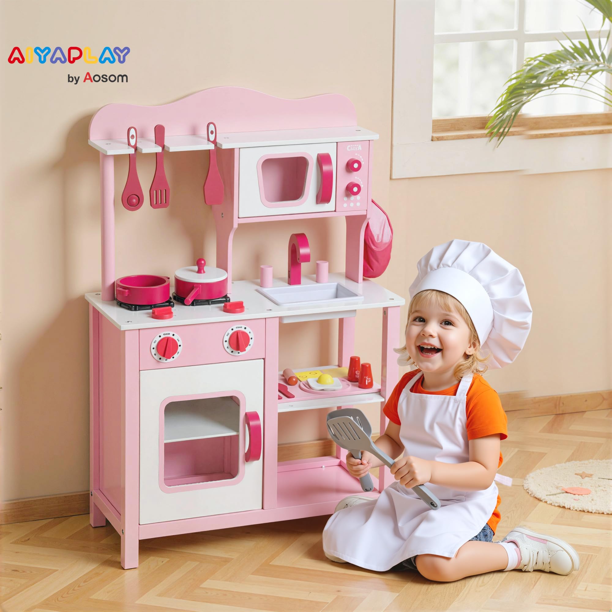 AIYAPLAY Zabawka kuchenna dla dzieci od 3 lat z kuchenką mikrofalową, kuchenką i zlewem, zabawa dla dzieci z płyty MDF, 55 x 24 x 86 cm, różowa