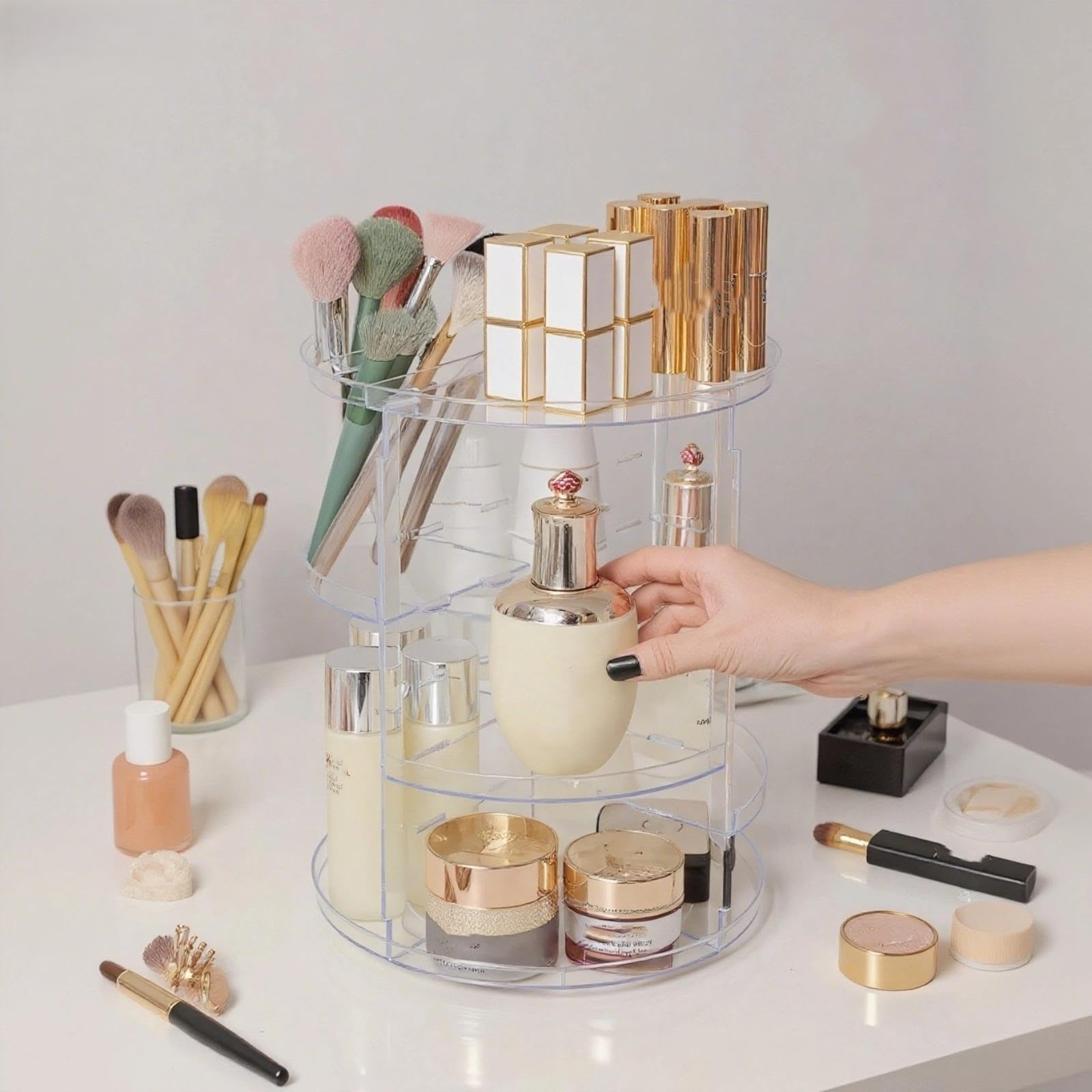 Generico Espositore per cosmetici con porta pennelli, porta profumi, portaoggetti girevole per il piano del bagno
