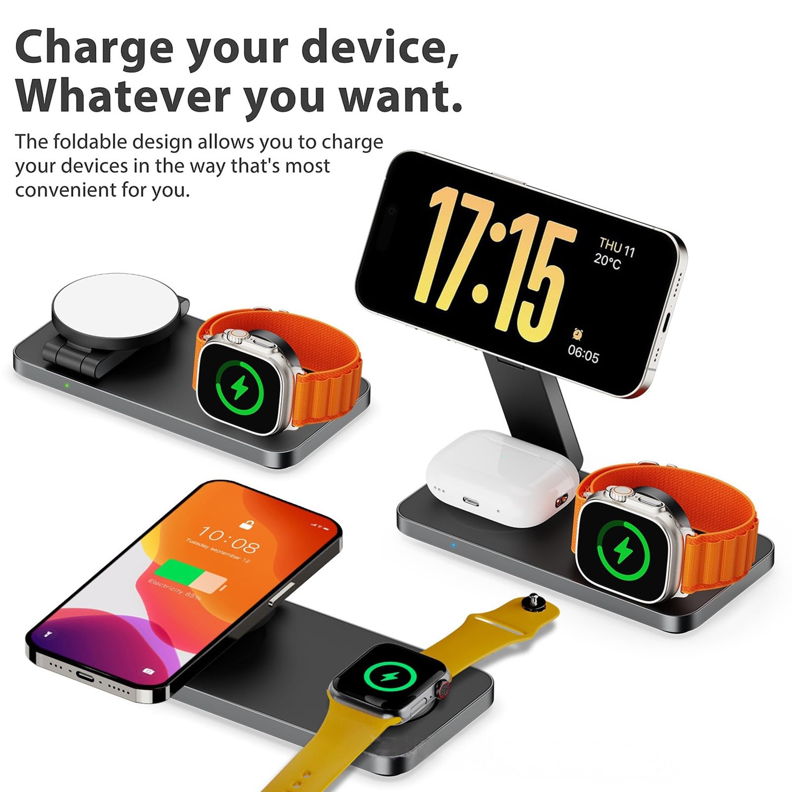 Caricabatterie per telefoni cellulari, stazione di ricarica 3 in 1 per più dispositivi, supporto di ricarica magnetico da 15 W, supporto di ricarica wireless